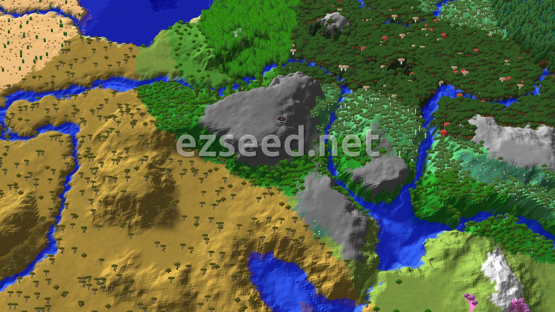 Aerial Minecraft seed map — Village With Blacksmith Near Spawn and Lush Caves