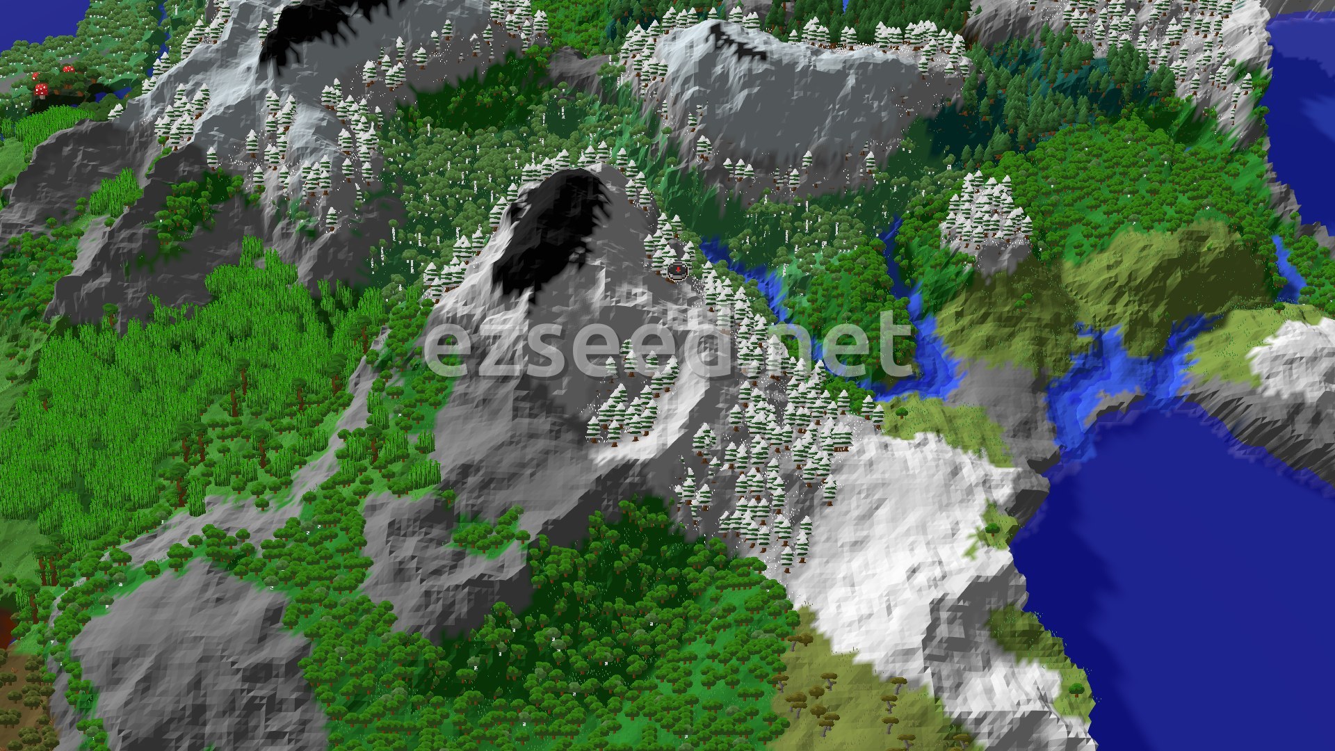 Aerial Minecraft seed map — A Jagged Peaks Spawn with an Ancient City Nearby