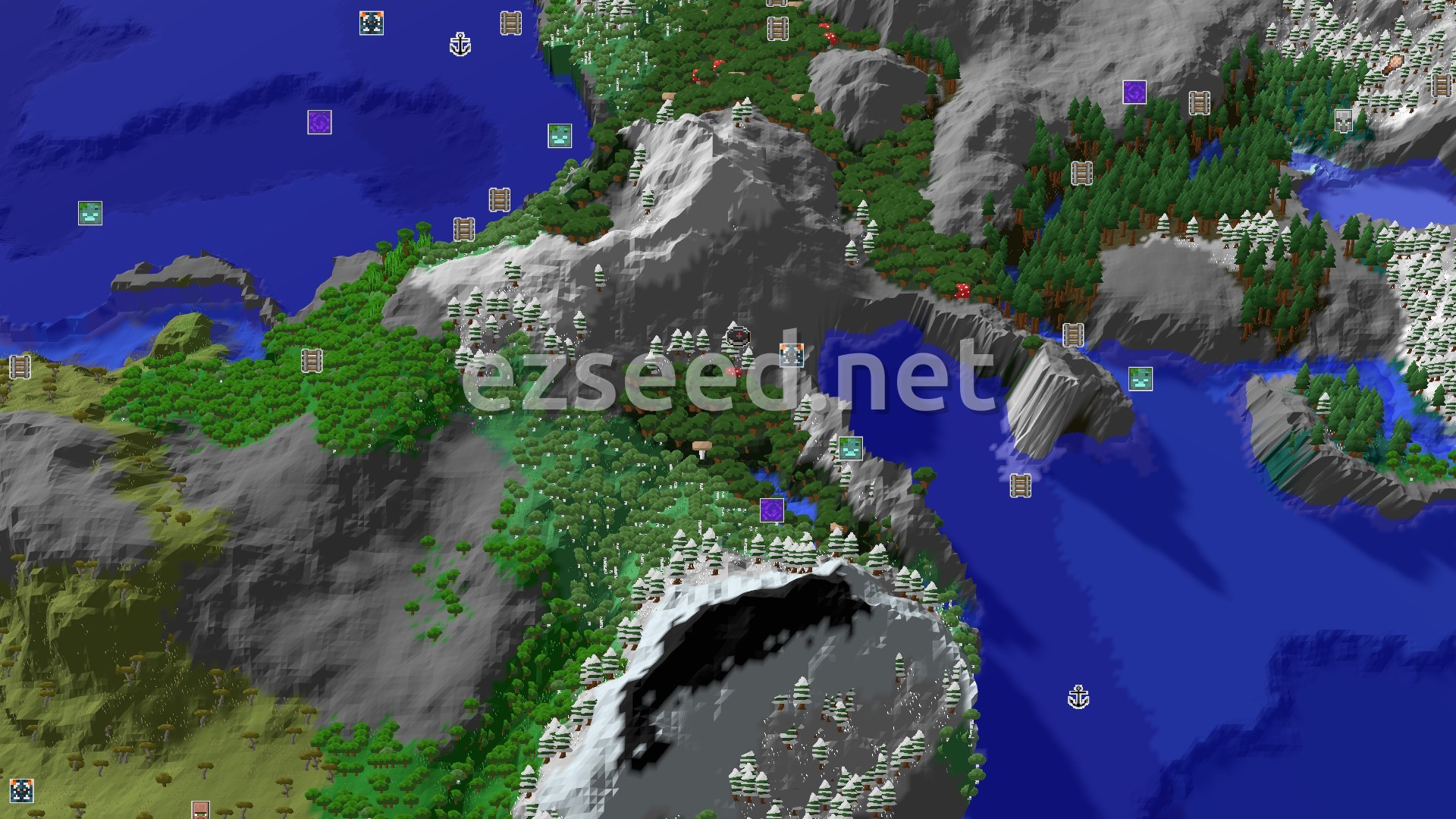 Aerial Minecraft seed map — A Mountainous Start with Nearby Structures