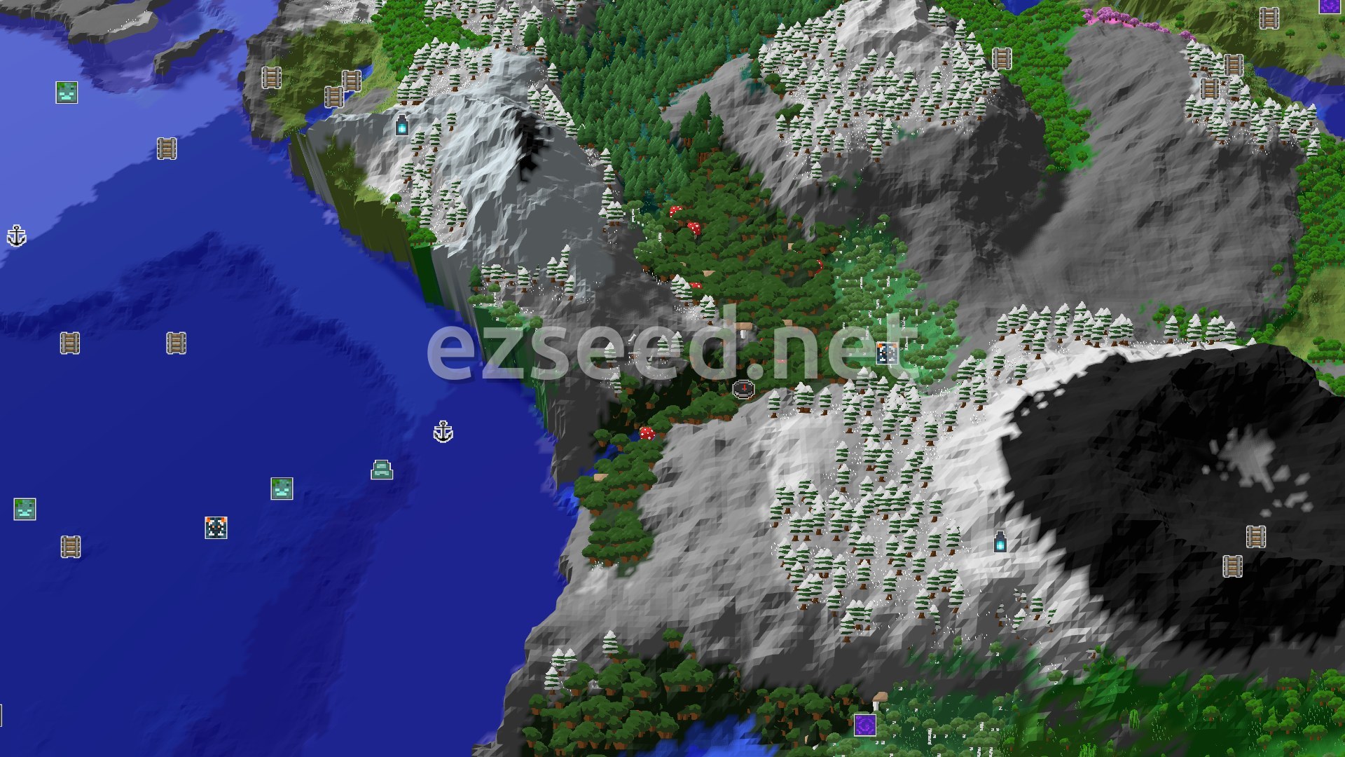 Aerial Minecraft seed map — Towering Peaks and Hidden Chambers Near Spawn