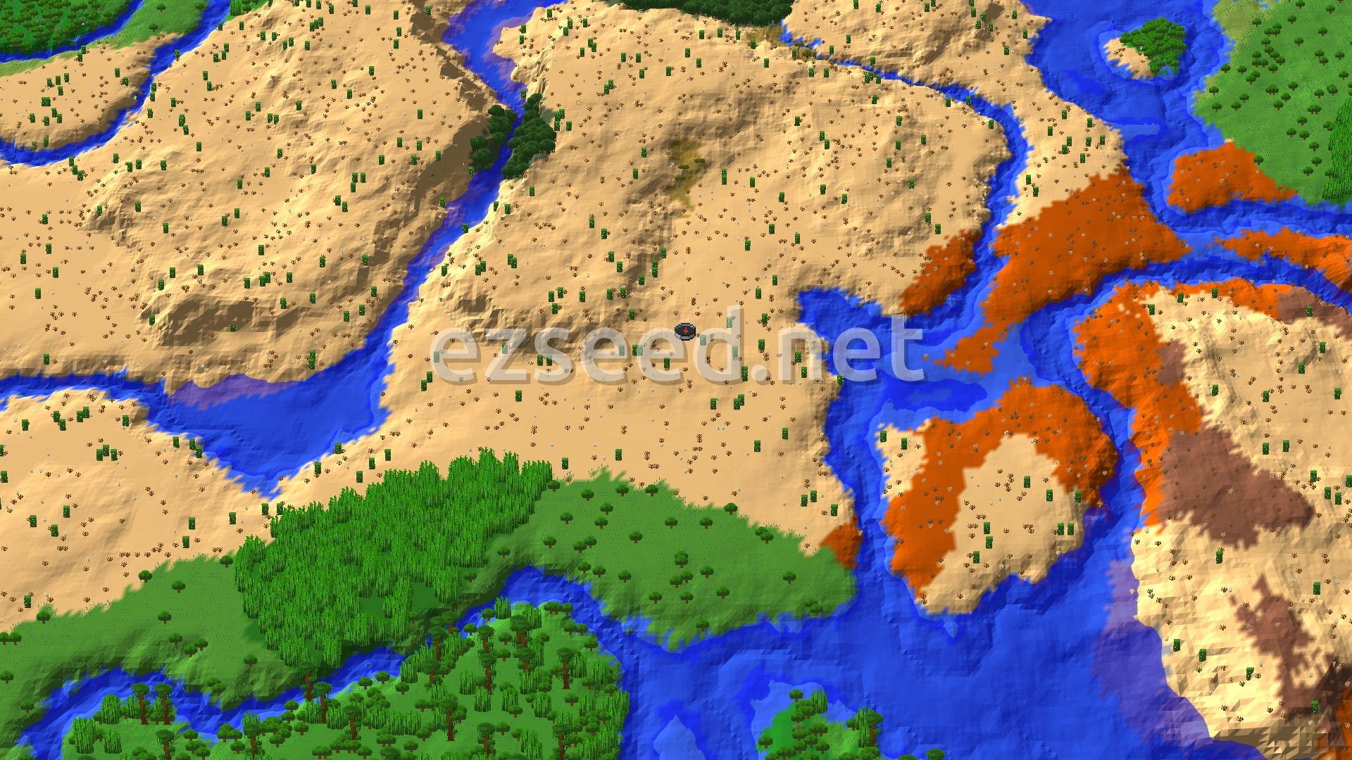 An overhead view of a diverse landscape featuring a large desert, winding rivers, and patches of green jungle and red badlands biomes, with the spawn point marked in the center.