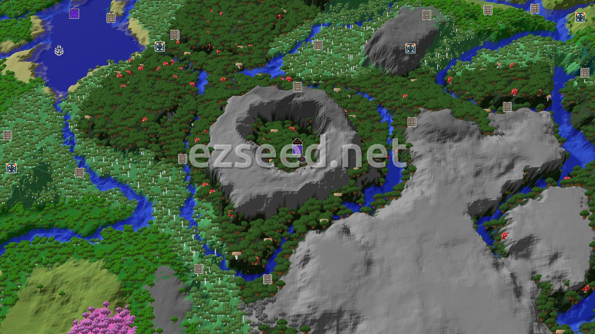 Aerial Minecraft seed map — Dark Forest Start with a Close Woodland Mansion