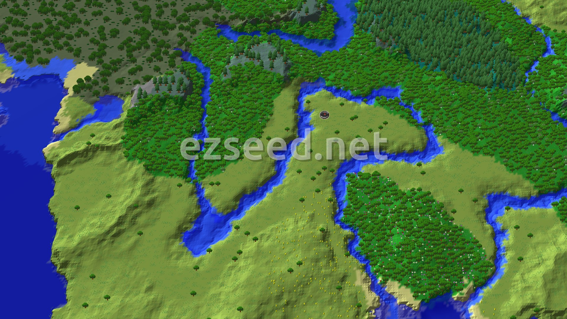 An overhead 3D view of a green plains biome dissected by rivers, with patches of forest and a small spawn marker in the center.