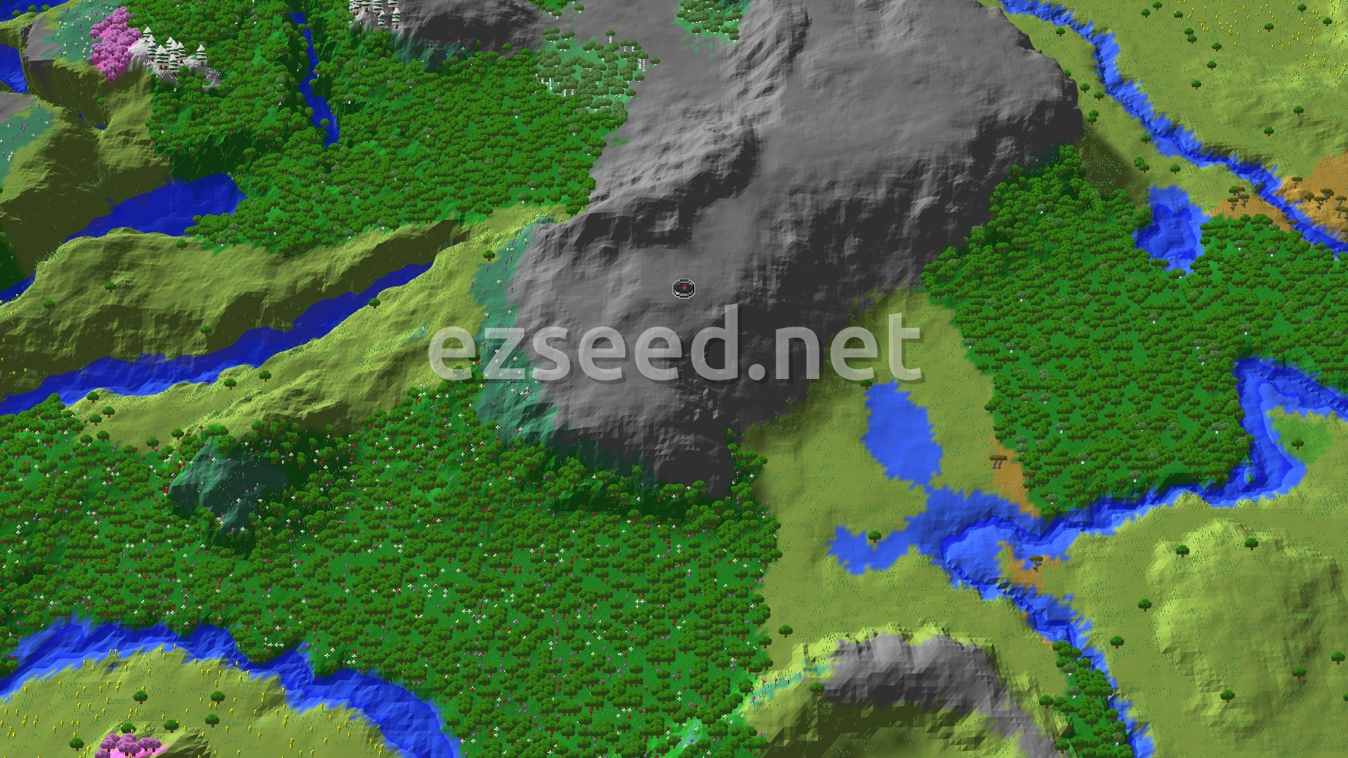 Aerial Minecraft seed map — Spawn in Meadows, With a Flower Forest Nearby