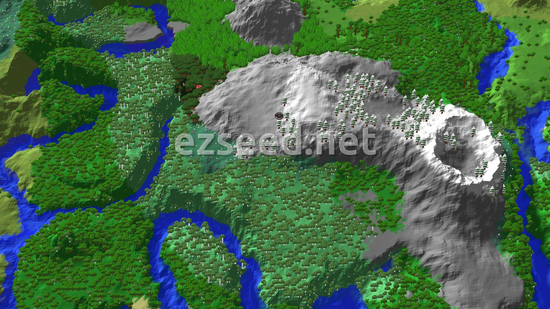 Aerial Minecraft seed map — Spawn in a Grove, With Jagged Peaks Nearby