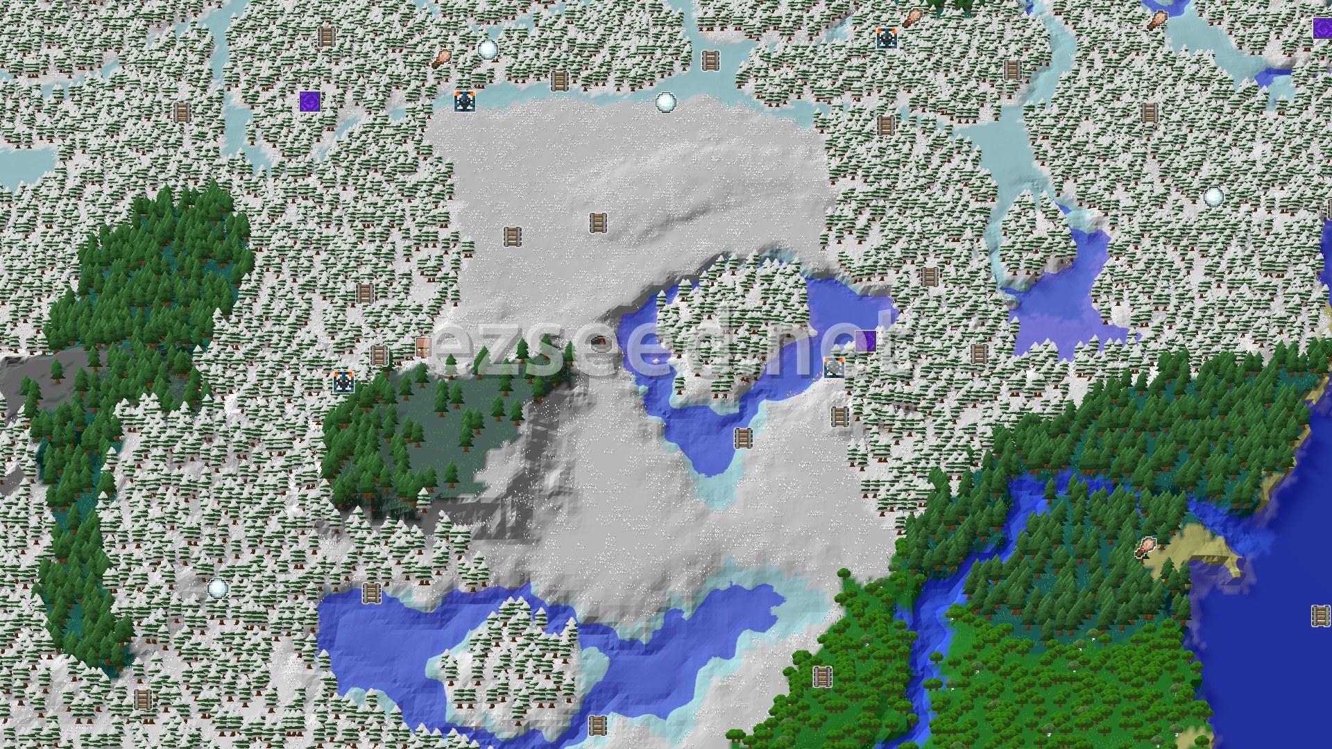 Aerial Minecraft seed map — A Snowy Start with Nearby Trial Chambers