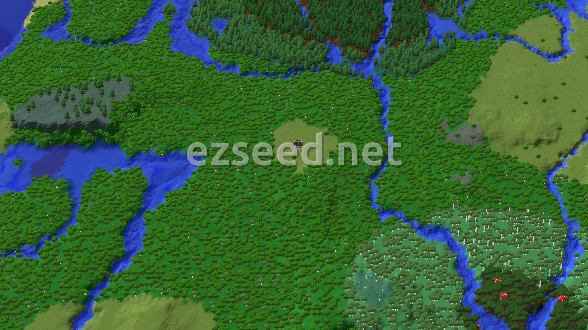 An aerial view of a plains biome with scattered trees, surrounded by denser forests and a winding river in the distance.