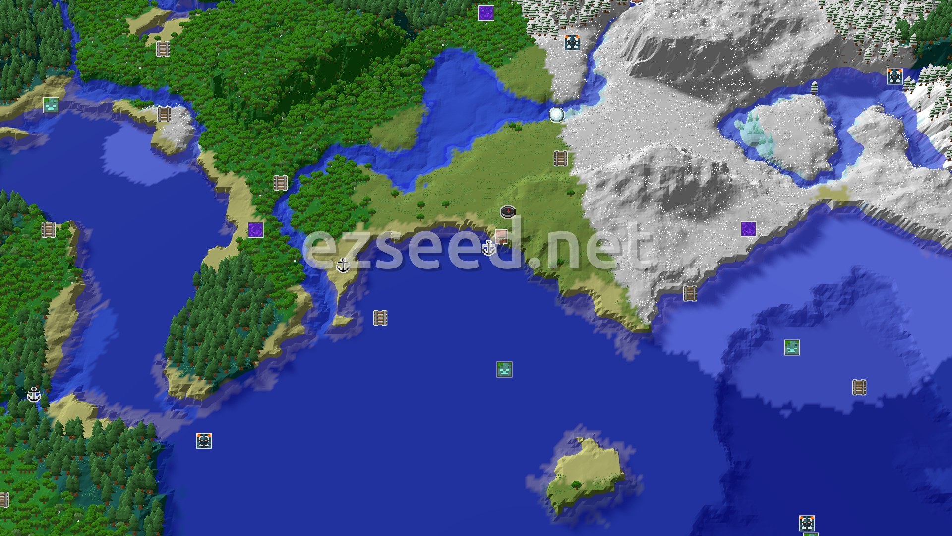Aerial Minecraft seed map — A Village and Snowy Shores Start