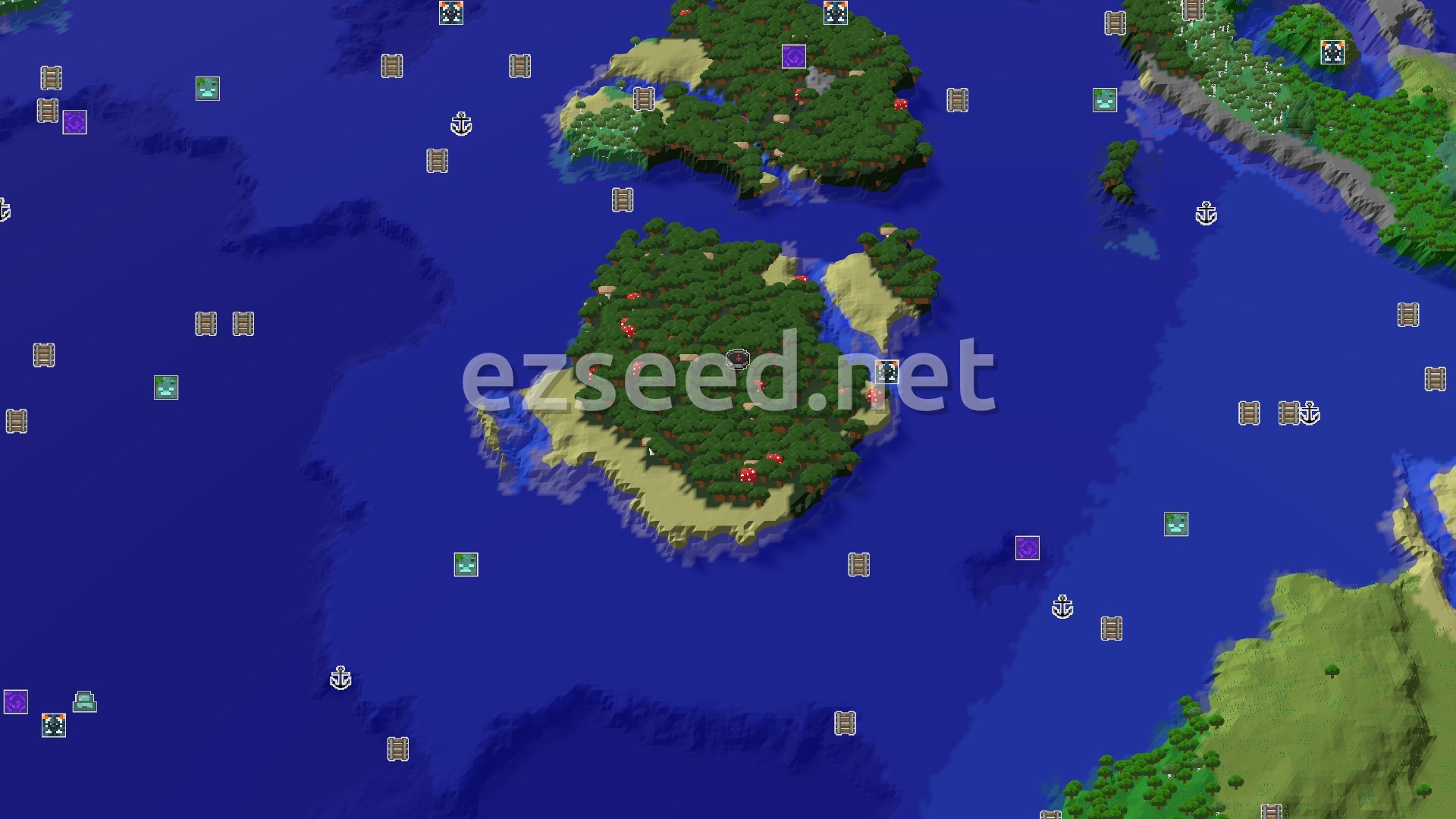 Aerial Minecraft seed map — Dark Forest Island Spawn with Nearby Trial Chambers