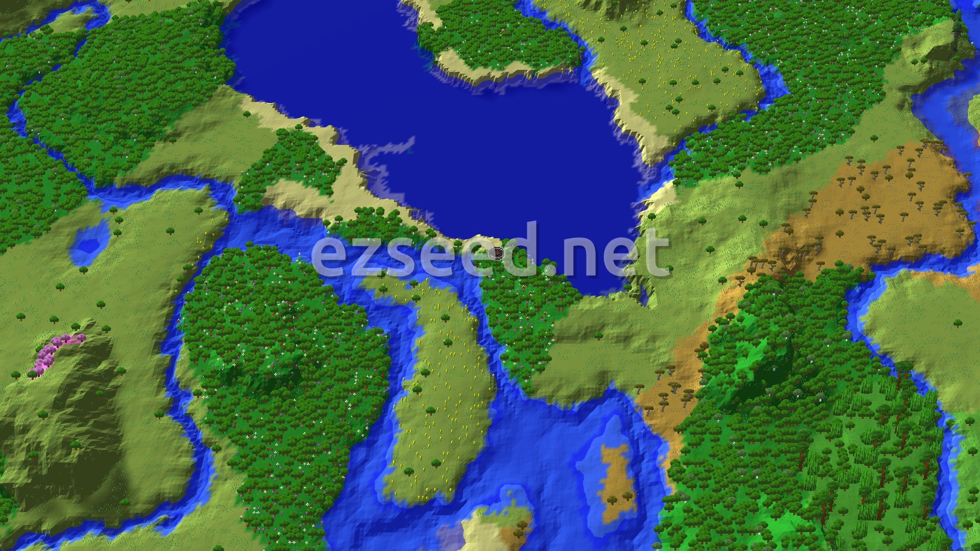 An overhead view of a diverse landscape featuring a large central lake, surrounded by various forests, plains, and rivers, with a distinct patch of pink trees in the lower left.