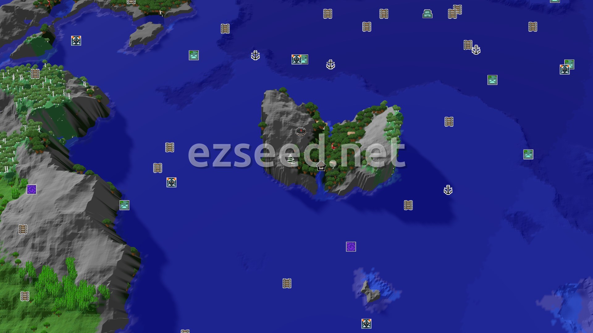 Aerial Minecraft seed map — Dark Forest Spawn with a Close Woodland Mansion