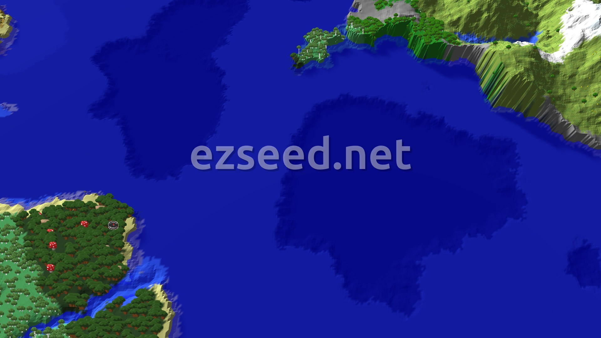 A bird's eye view of a heavily forested island, with deep blue oceans surrounding it. The island features varied terrain, including a small beach and some higher ground covered in trees. A tiny red and white marker indicates the spawn point near large red mushrooms.