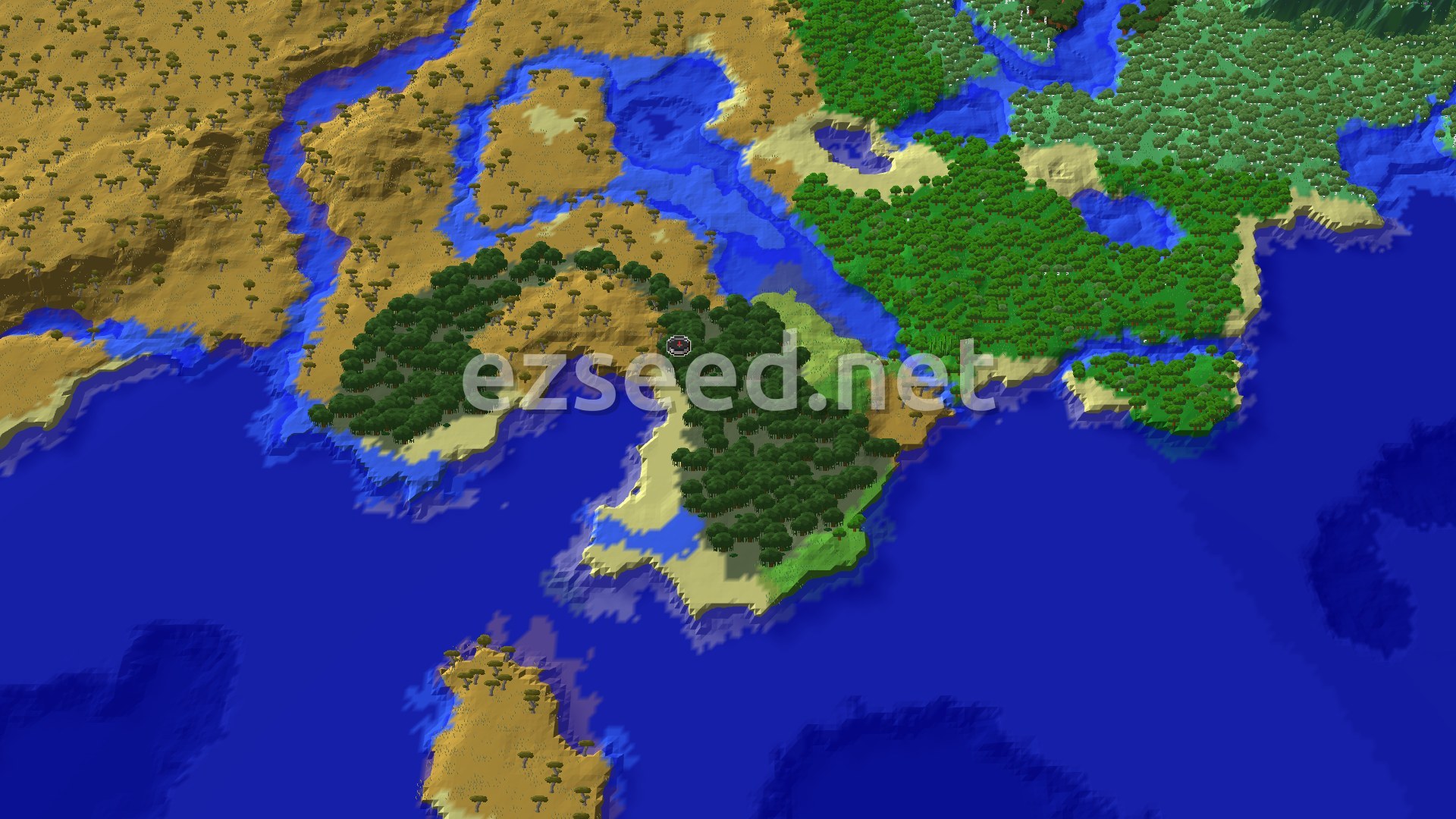 An overhead 3D view of a varied landscape, showing an island of dense green trees surrounded by water, with lighter green plains and tan savannas beyond, all under a clear blue sky. A small spawn marker is visible at the center of the image.