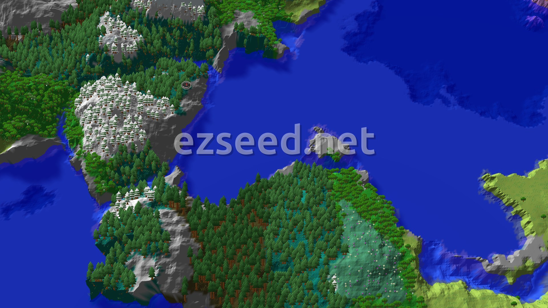 Aerial Minecraft seed map — Ancient City and Pillager Outpost Near Icy Peaks