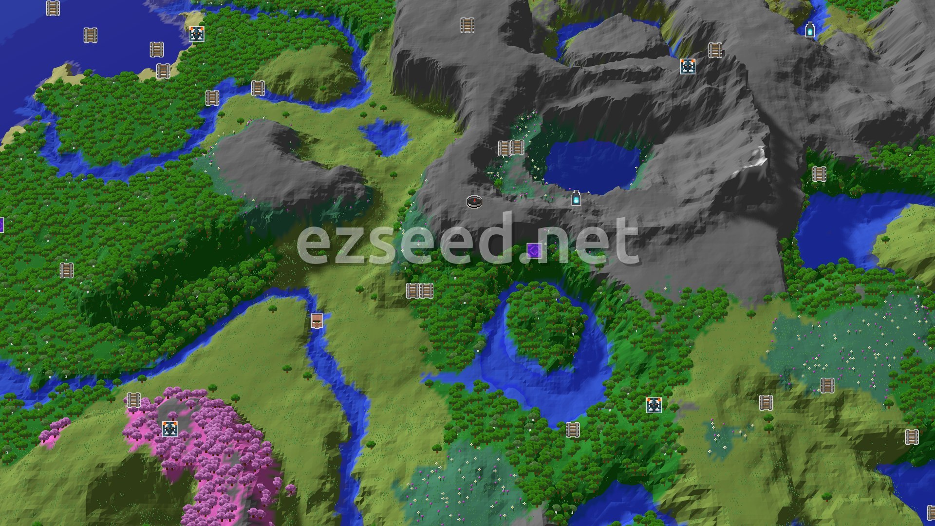 Aerial Minecraft seed map — A Jagged Peaks Start with a Nearby Ancient City