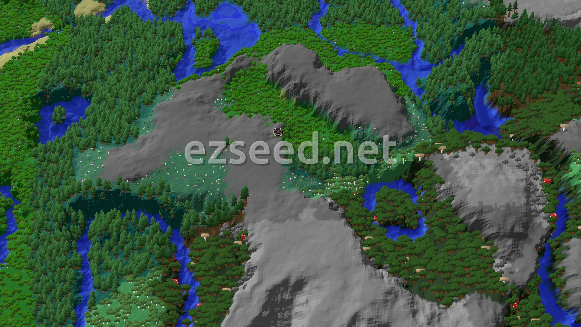 An aerial view of a dense forest with a winding river and scattered meadows, showing rolling hills and a distinct spawn marker.