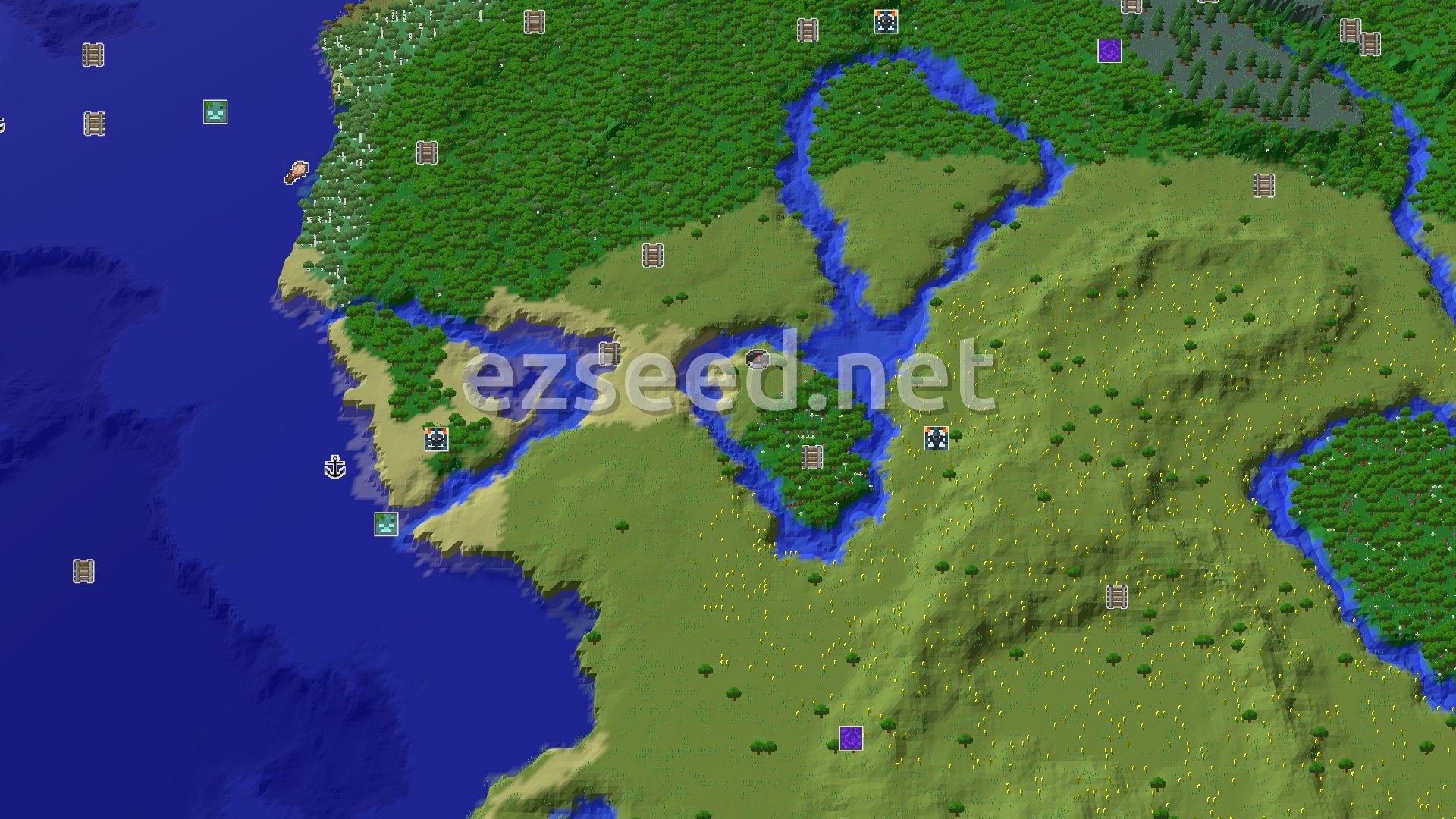 Aerial Minecraft seed map — A Quiet Start with Nearby Underground Treasures