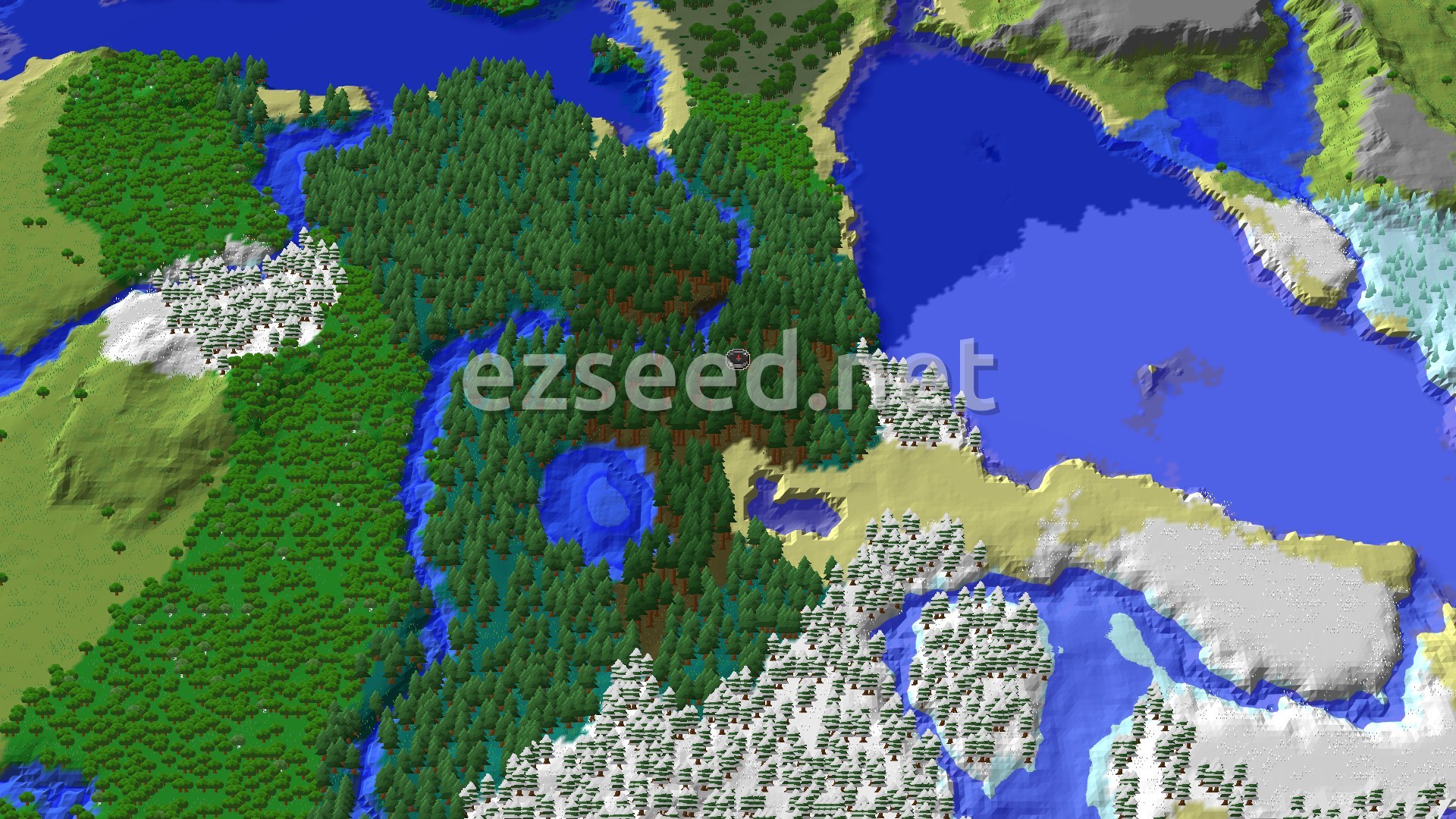 Aerial Minecraft seed map — Spawn in a Spruce Taiga with Fast Ruined Portal