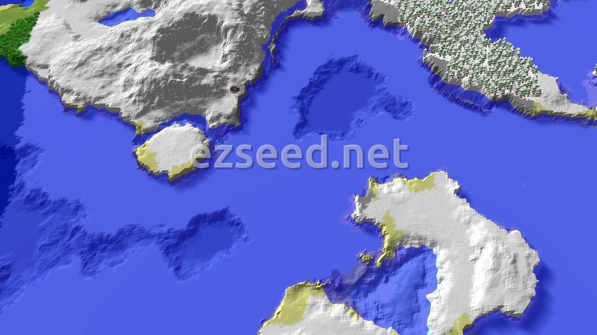 Aerial Minecraft seed map — Spawn in a Stony Shore, with a village just a short walk