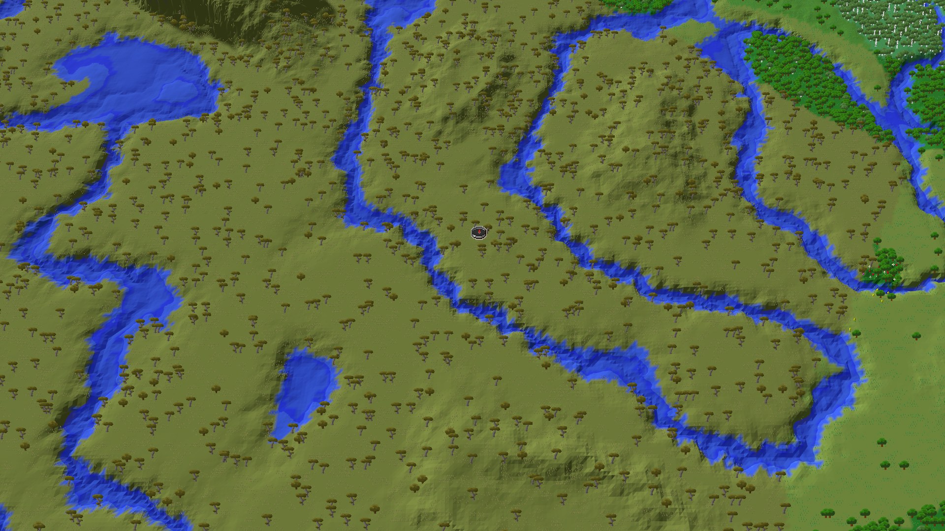 Aerial Minecraft seed map — Savanna Start with a Village Just Steps Away