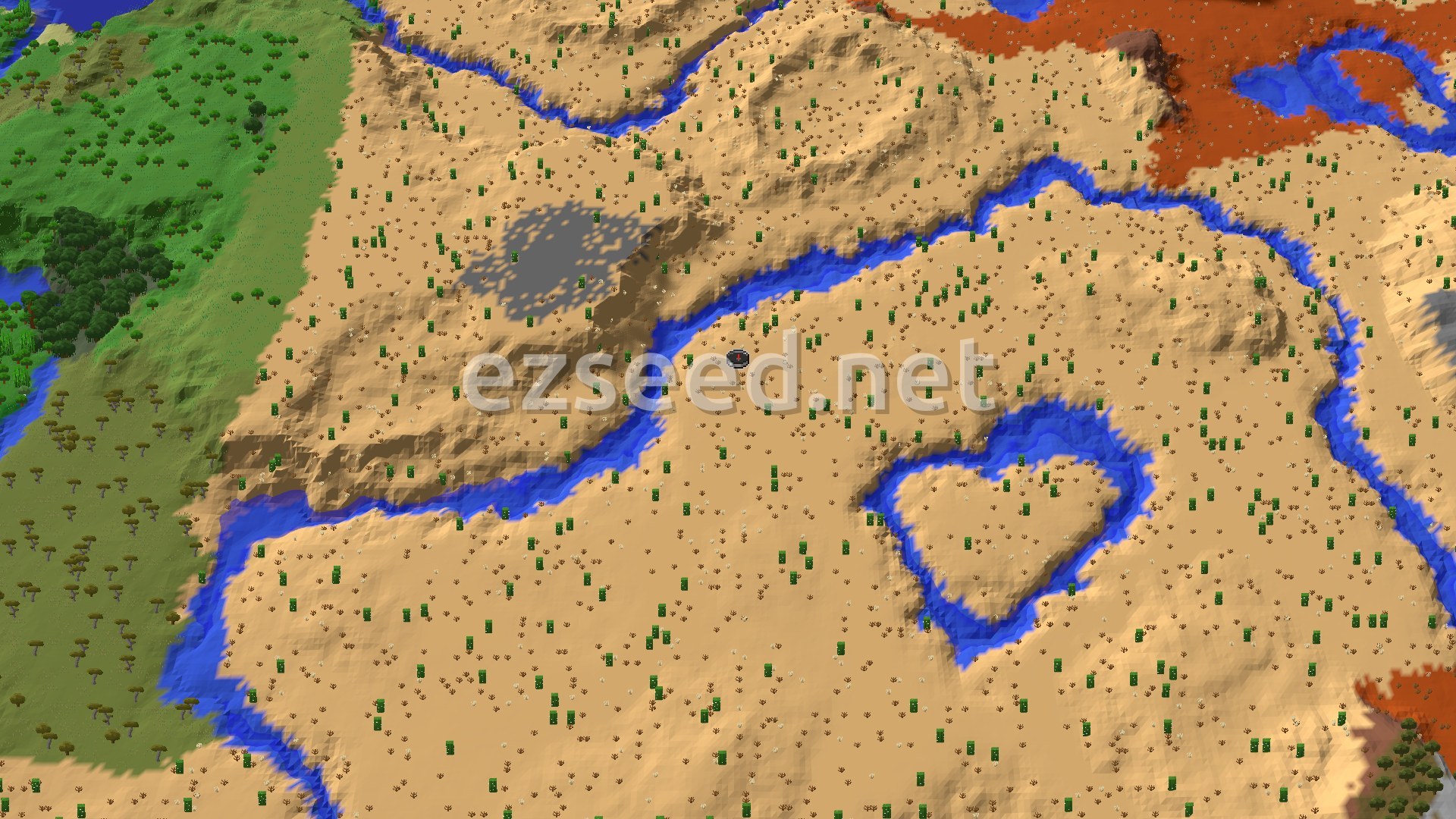 Aerial Minecraft seed map — A Desert Start with a Nearby Village and Badlands