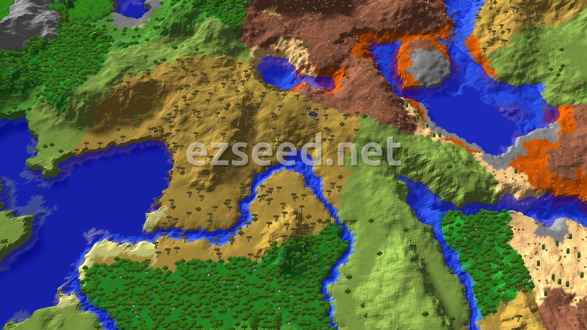 A 3D fly-over of a Minecraft world, showing a diverse landscape of savanna, forests, and badlands, with rivers and small bodies of water cutting through the terrain. A small spawn marker sits in the center of a savanna biome.