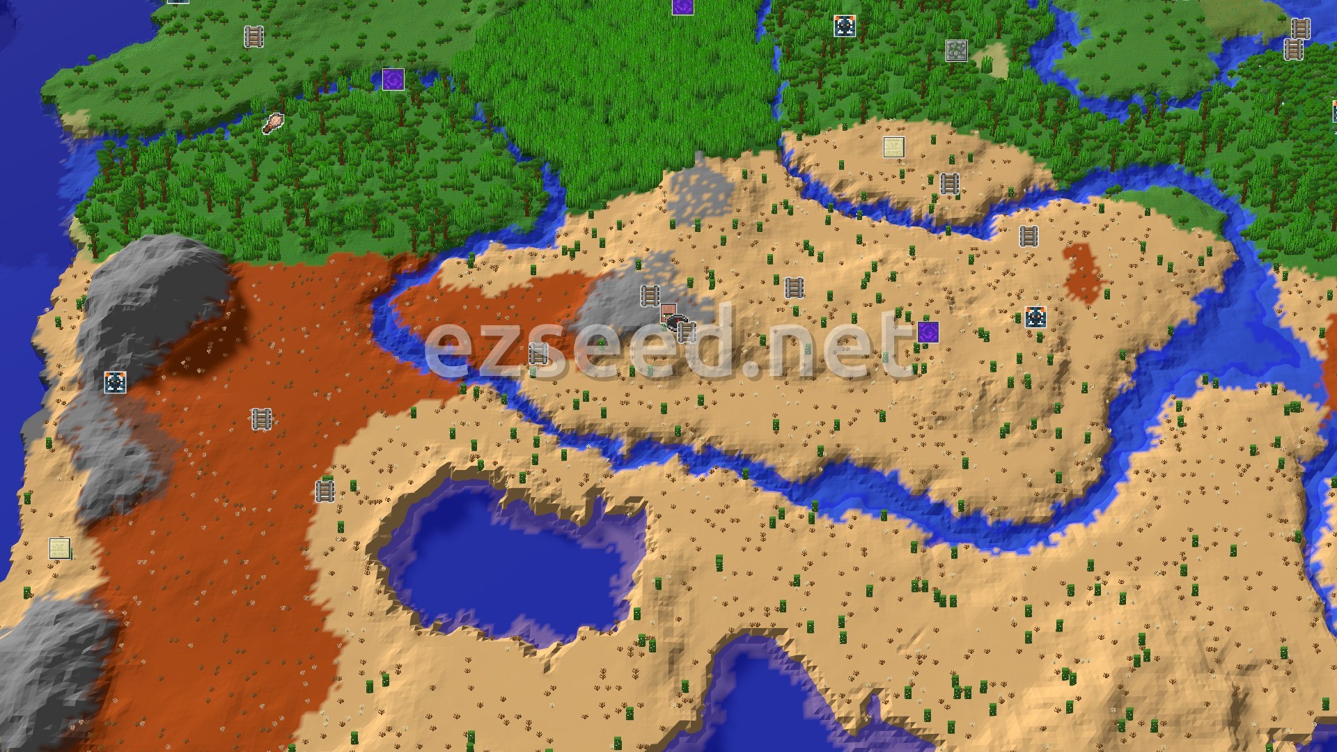 Aerial Minecraft seed map — A Quick Village Start in a Desert Oasis