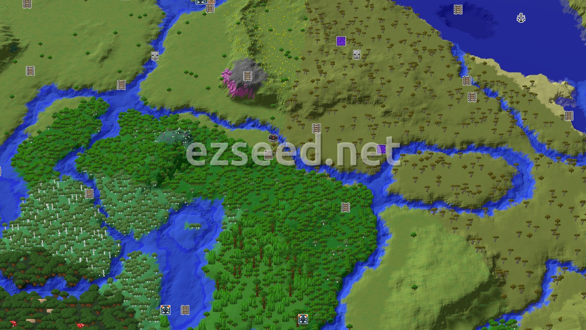 Aerial Minecraft seed map — A Lush Plains Spawn with Nearby Mining and Gems