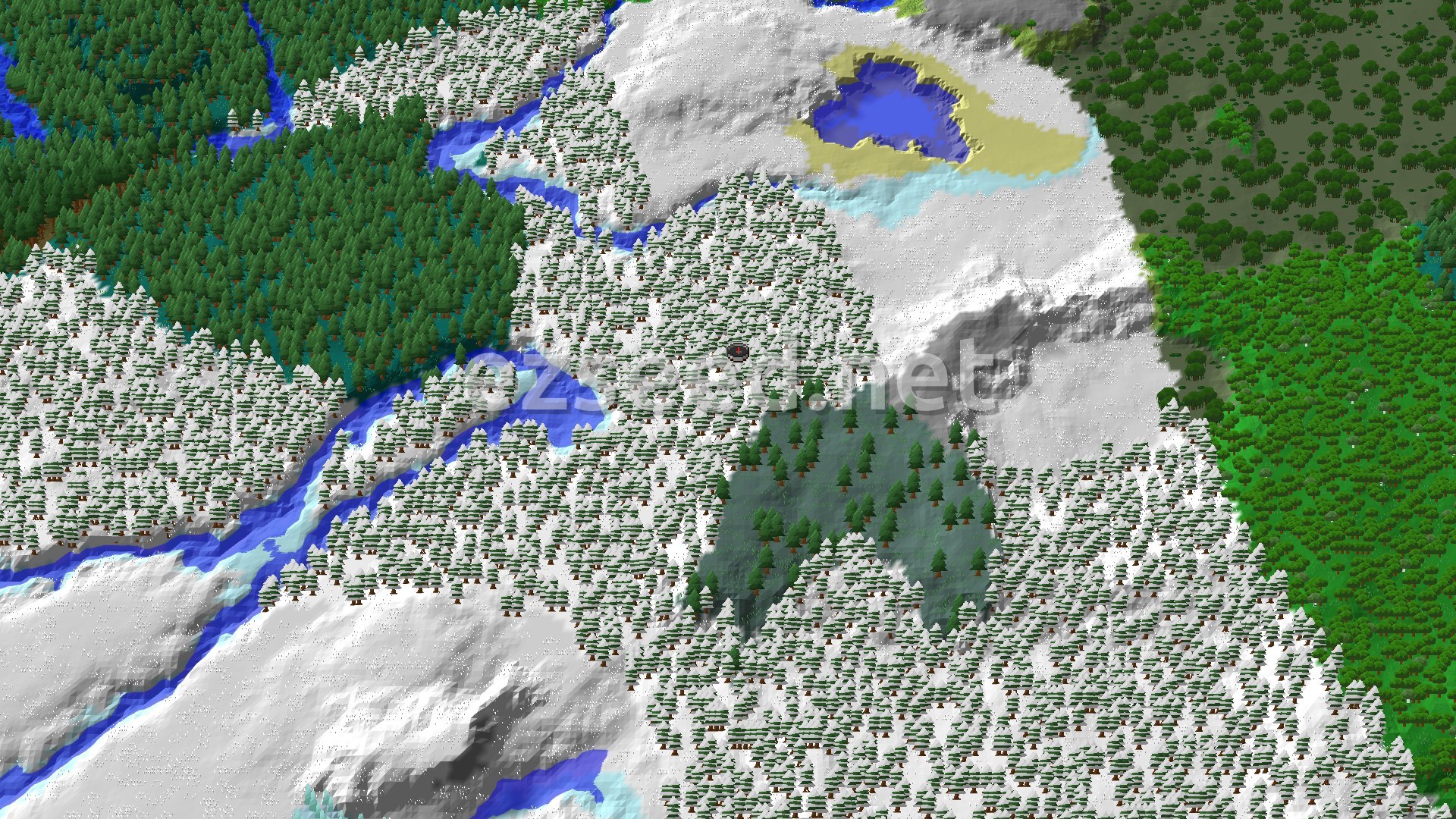 Aerial Minecraft seed map — Snowy Taiga Spawn with Nearby Trial Chambers