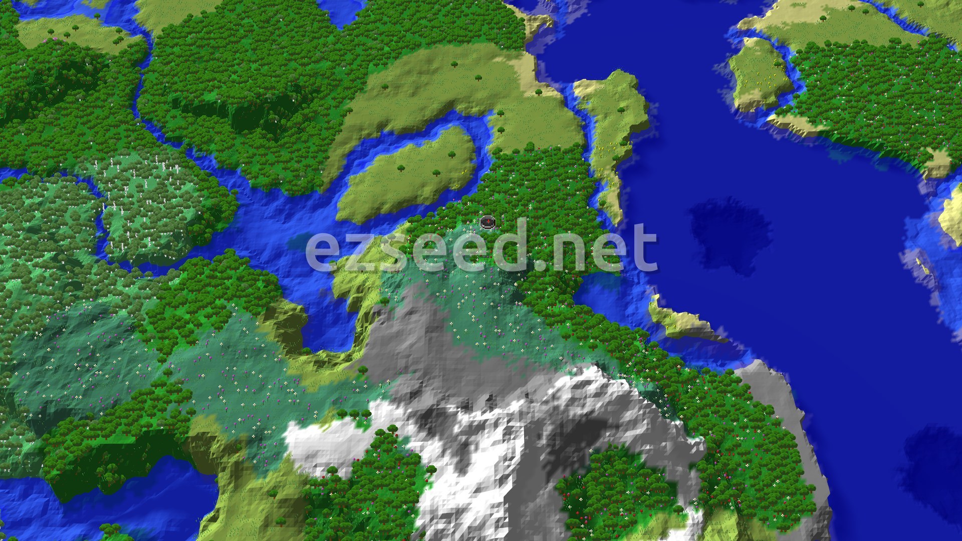 Aerial Minecraft seed map — Ancient City and Jagged Peaks Near a Meadow Spawn