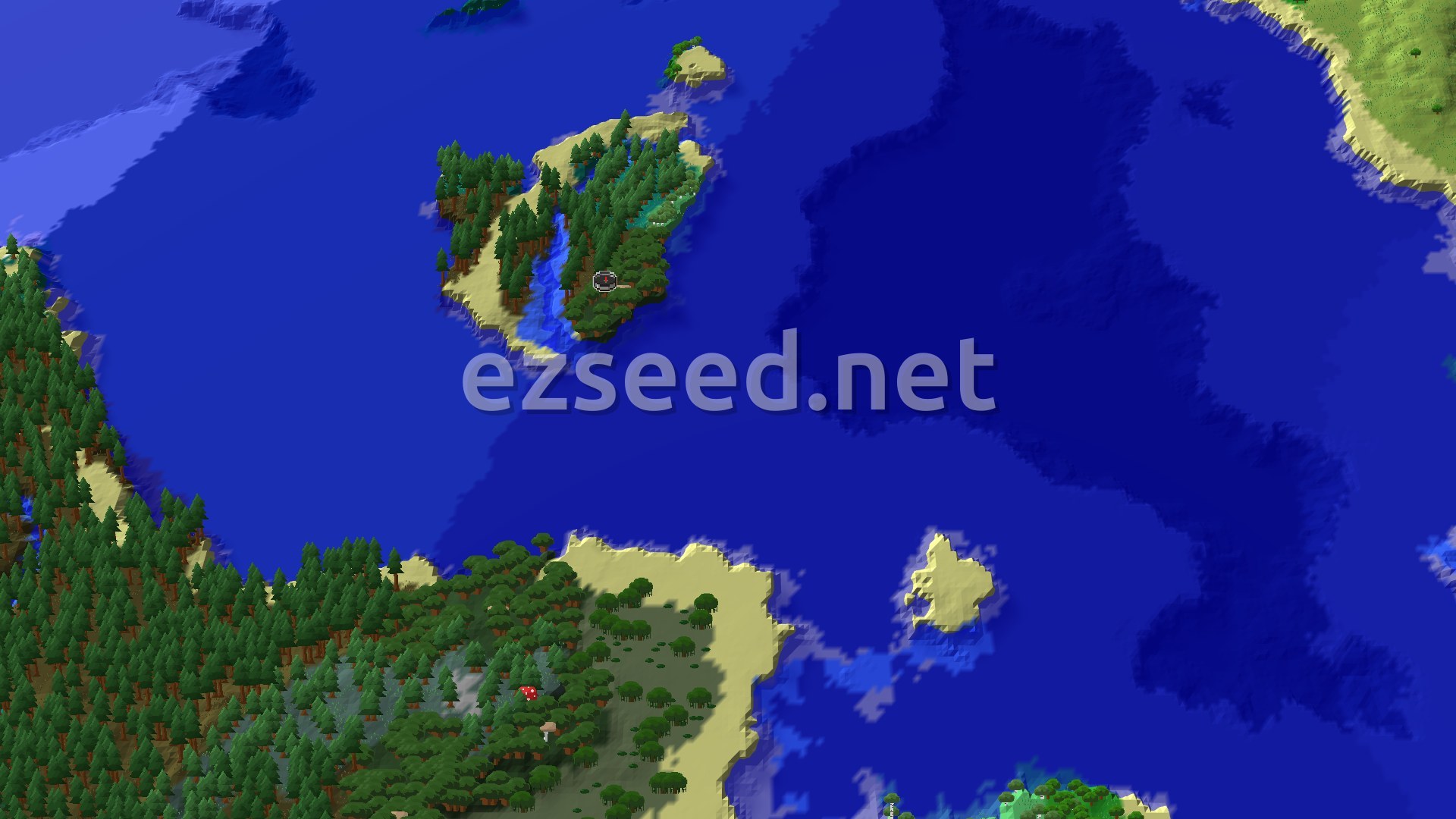 An overhead view of a small island covered in dark forest trees, with sandy beaches, surrounded by a vast blue ocean. A small marker indicates the spawn point on the island.