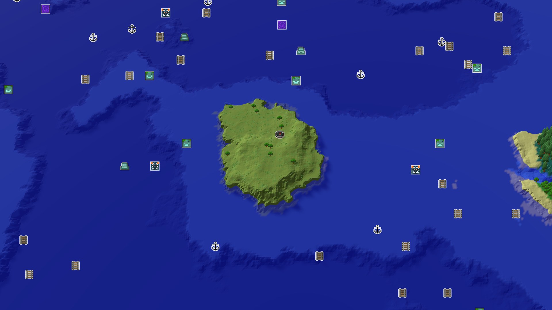 A small green island, covered in grass and a few trees, surrounded by deep blue ocean. A small marker indicates the spawn point near the center of the island. To the east, a larger landmass with green trees and a river is visible.
