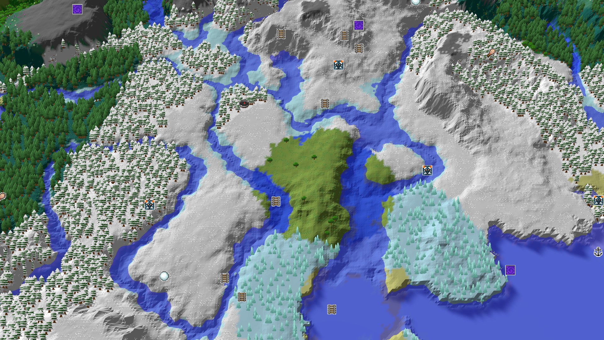 An aerial view of a snowy, mountainous landscape with winding frozen rivers and patches of taiga forest. A green plains island sits in the middle of a frozen river system.
