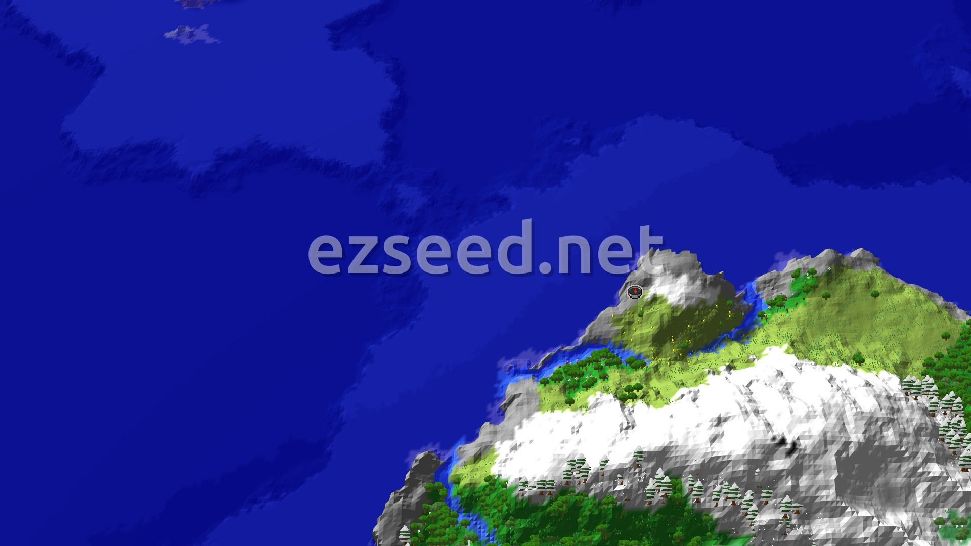 Aerial Minecraft seed map — Woodland Mansion Near Snowy Slopes and Peaks