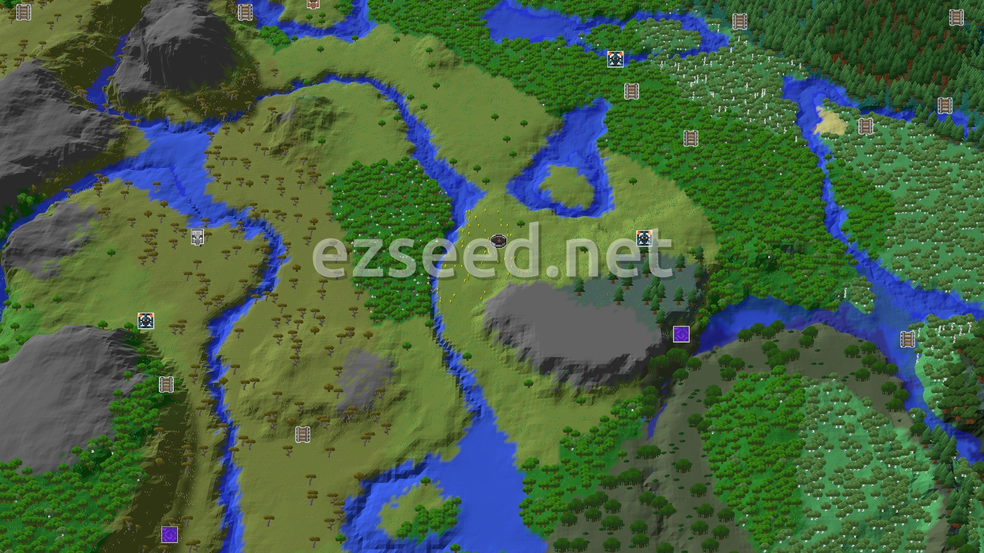 Aerial Minecraft seed map — Trial Chambers and Lush Jungles Near a Sunflower Spawn