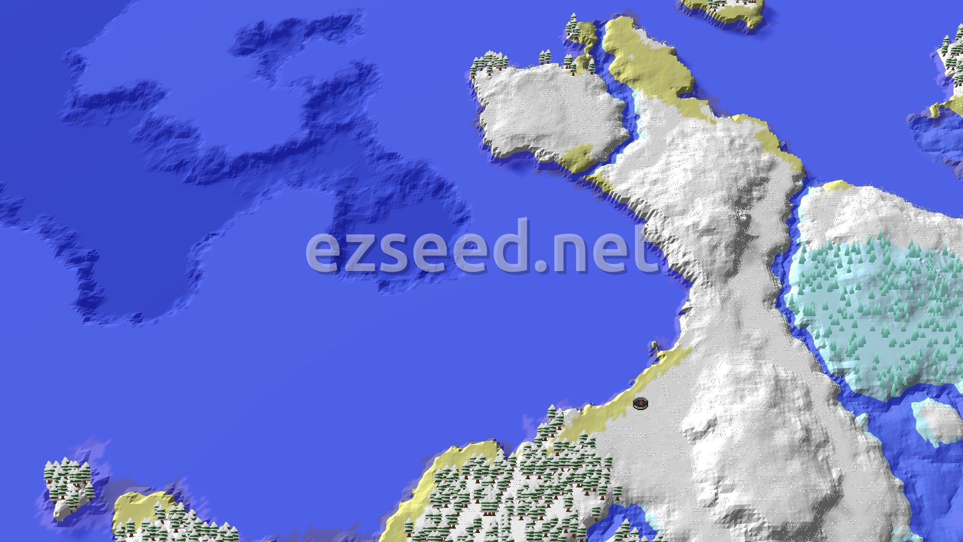 An overhead 3D view of a snowy, icy landscape with a large frozen ocean, scattered spruce trees, and a flat spawn point marked on a white snowy plain.