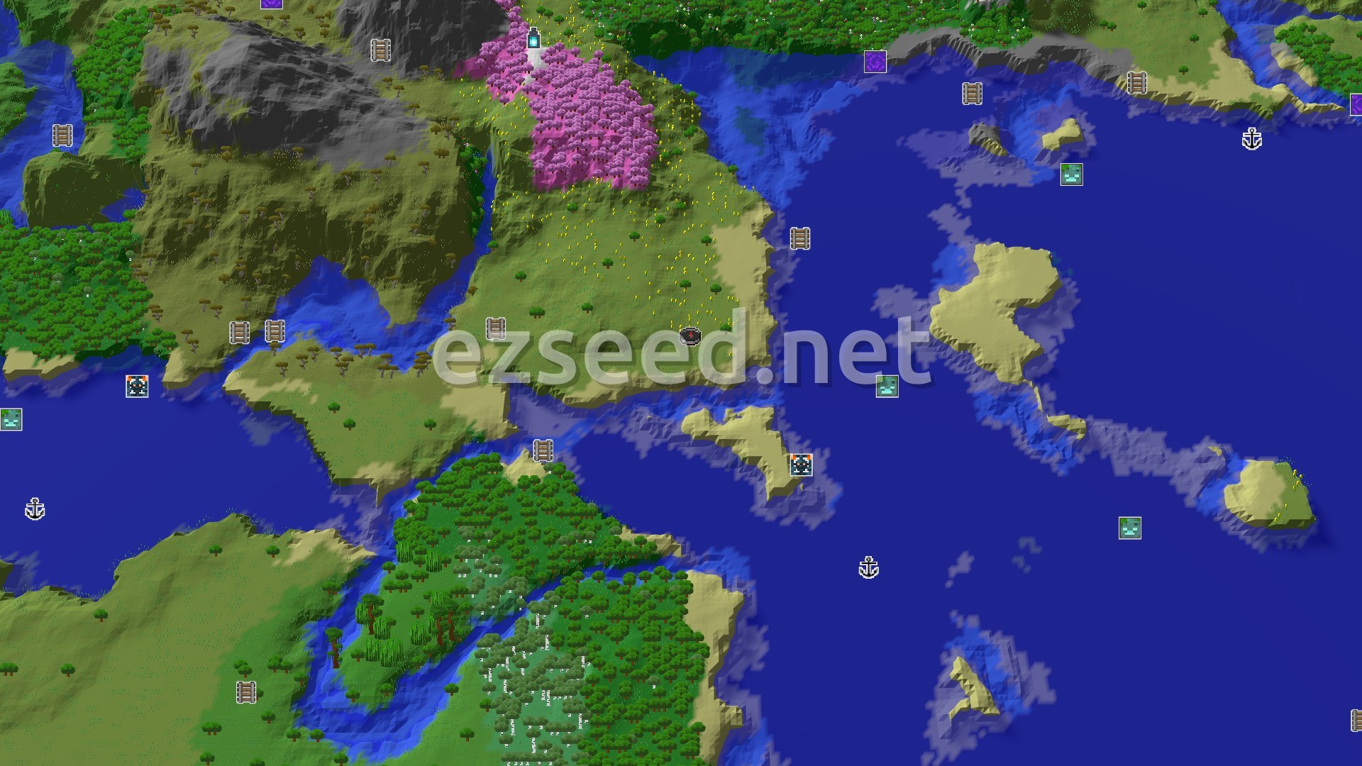 Aerial Minecraft seed map — A Cherry Grove and Savanna Blend with Nearby Mountains