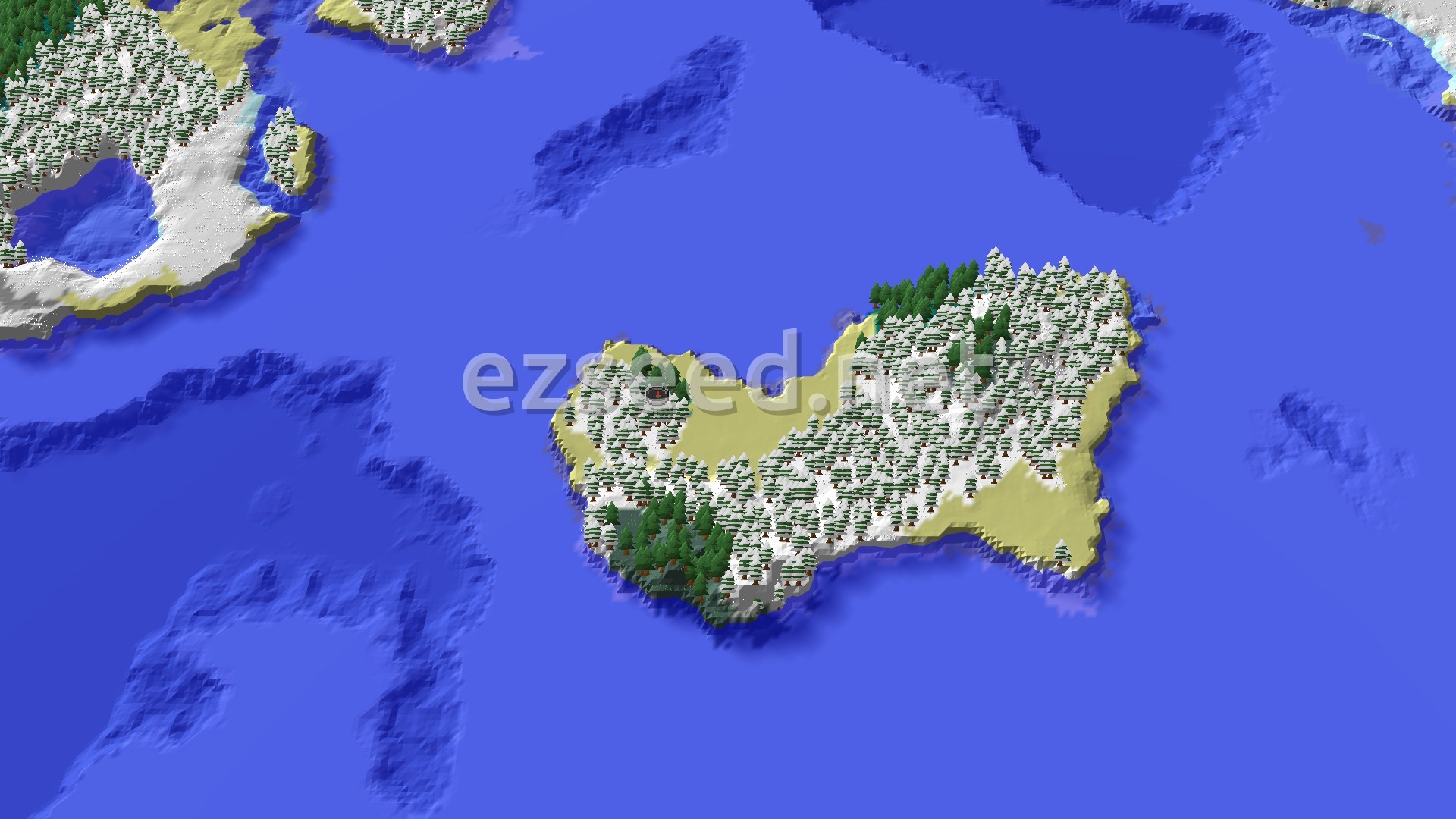 Aerial Minecraft seed map — Spawn in Snow, Surrounded by Ocean and Close Mineshaft