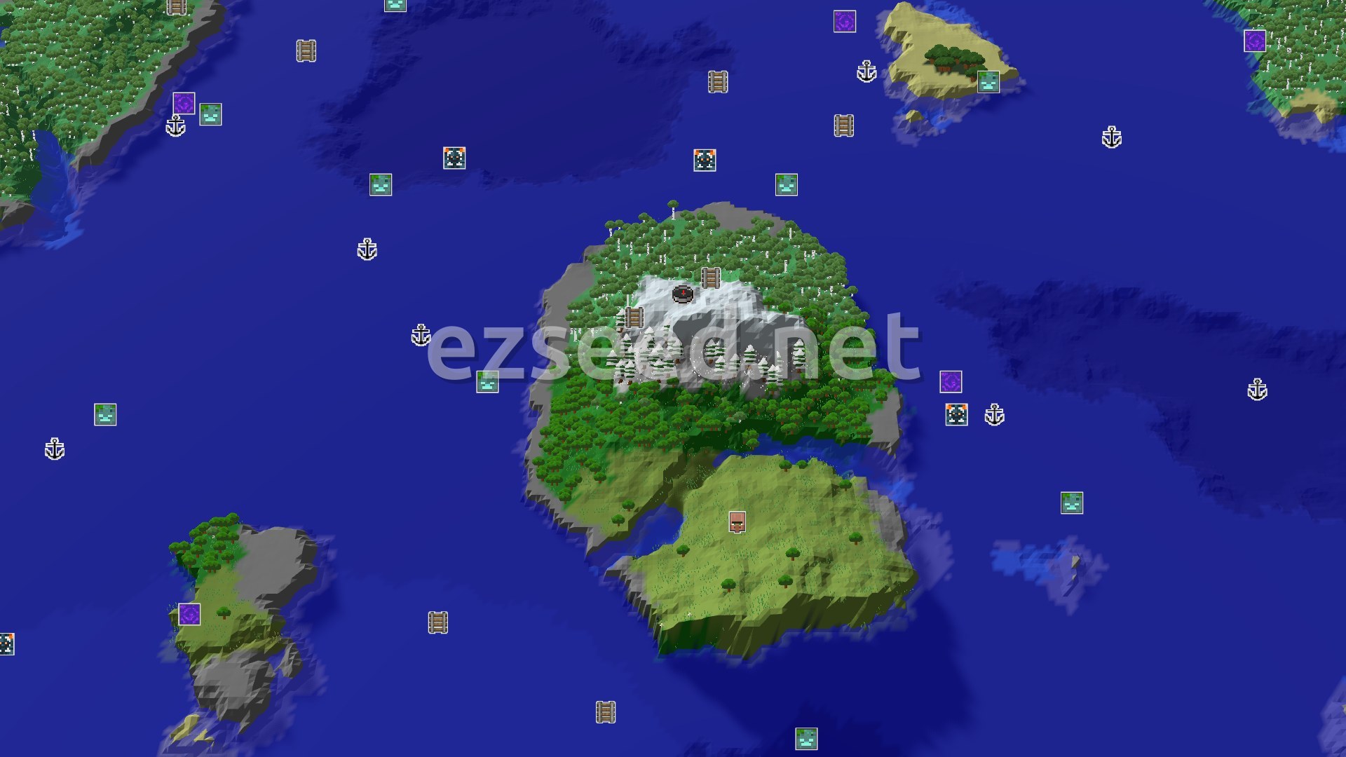 Aerial Minecraft seed map — Frozen Peaks Start with Immediate Underground Access