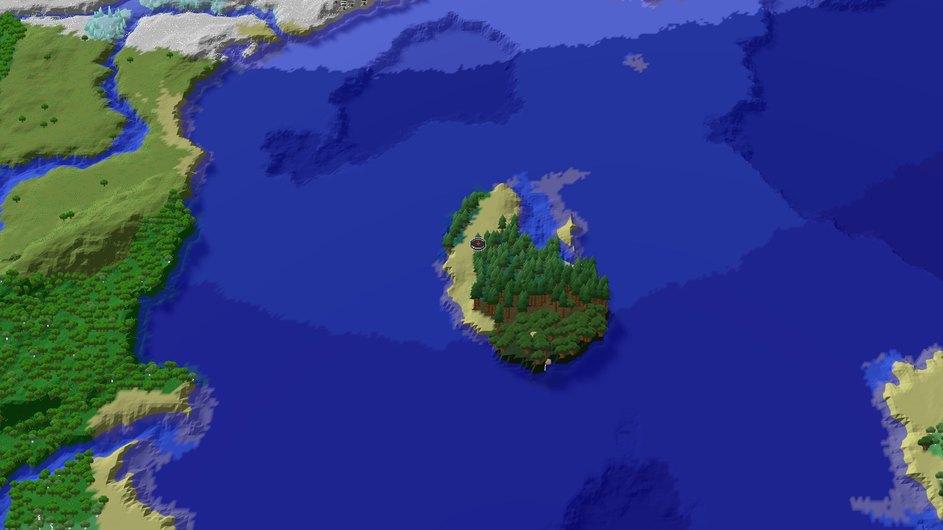 Aerial Minecraft seed map — Island Spawn with a Close Woodland Mansion