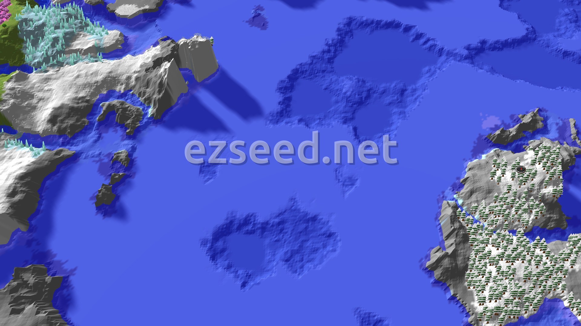 Aerial Minecraft seed map — Cold Shores and Snowy Peaks