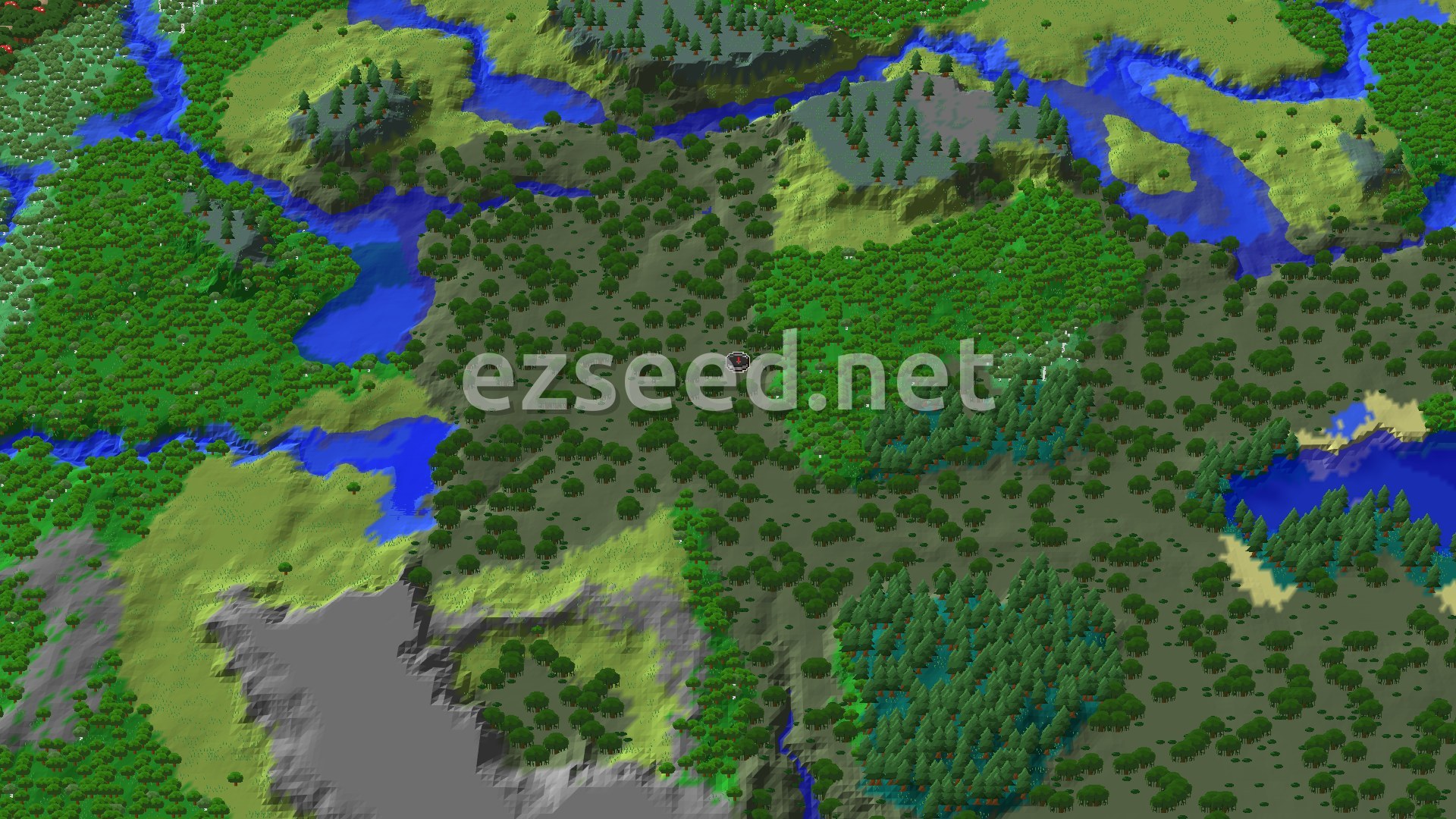 An aerial view of a Minecraft world showing a mix of green forests, light green plains, and winding blue rivers, with a small spawn marker in the center of a swampy area.