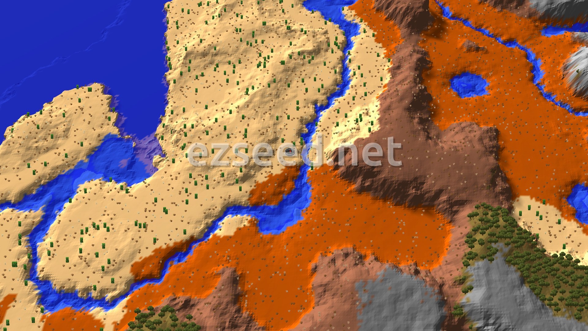 An overhead 3D view of a desert landscape with a winding river, bordered by orange badlands and patches of green trees, with a small central marker.