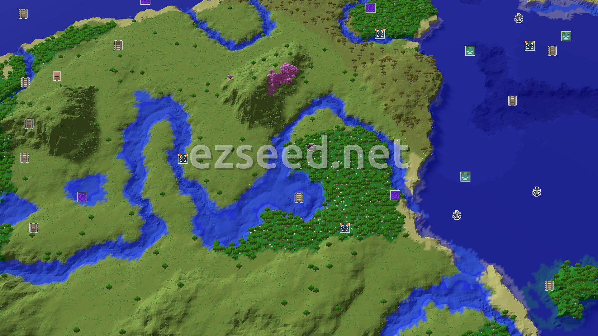 Aerial Minecraft seed map — Spawn in a Flower Forest with a Trial Chamber nearby