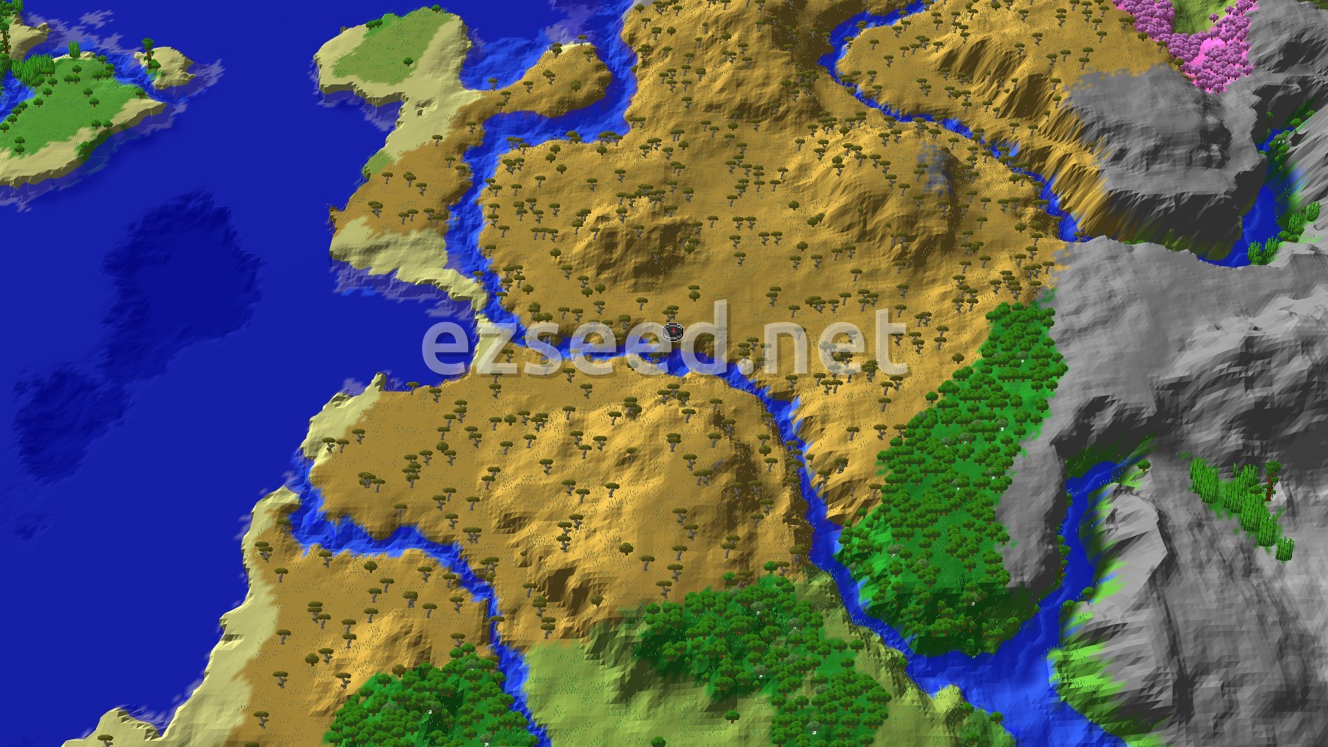 Aerial Minecraft seed map — Savanna Spawn with a Village and Distant Ancient City