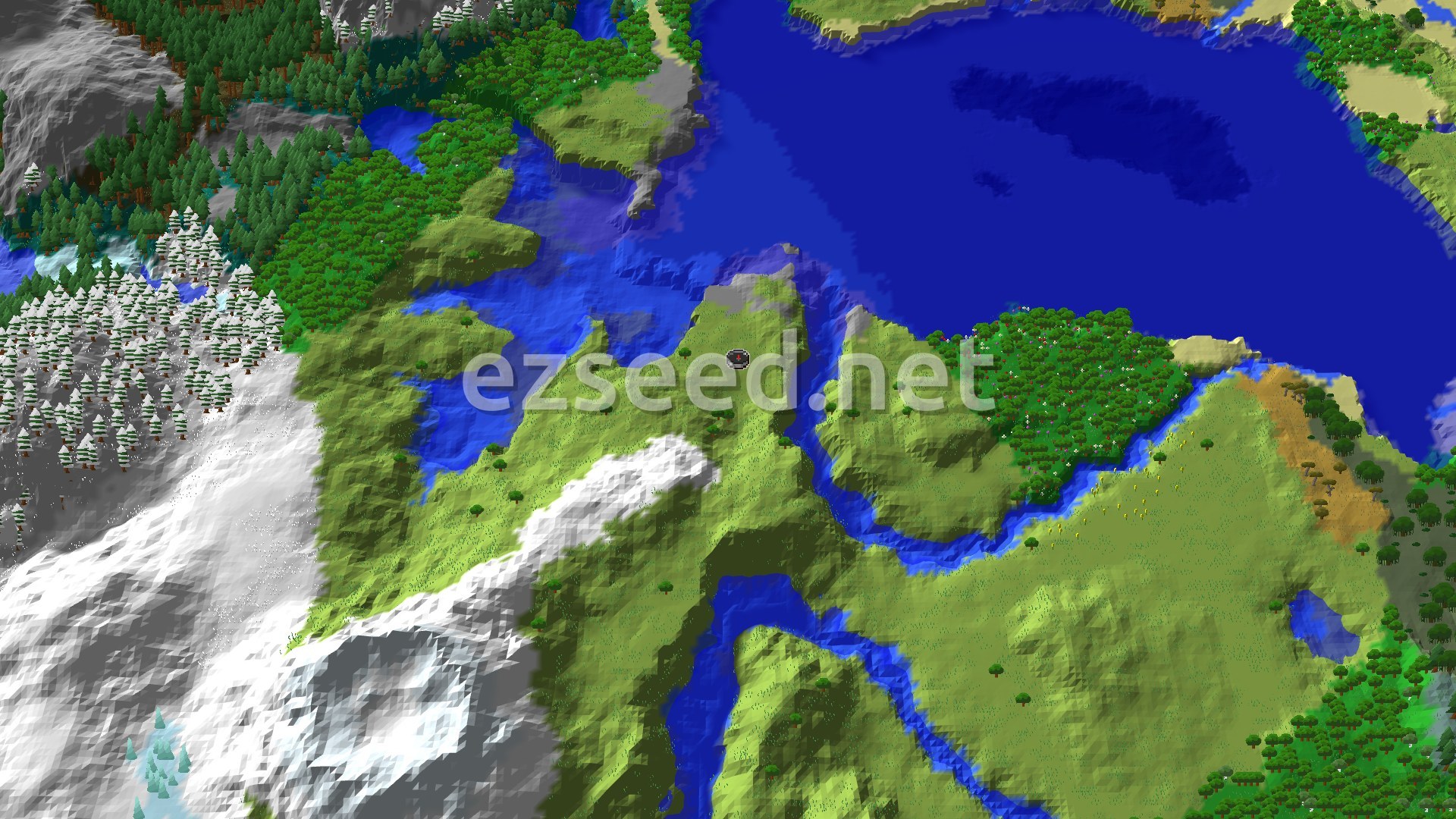Aerial Minecraft seed map — Snowy Peaks Near Spawn and a Close Ancient City