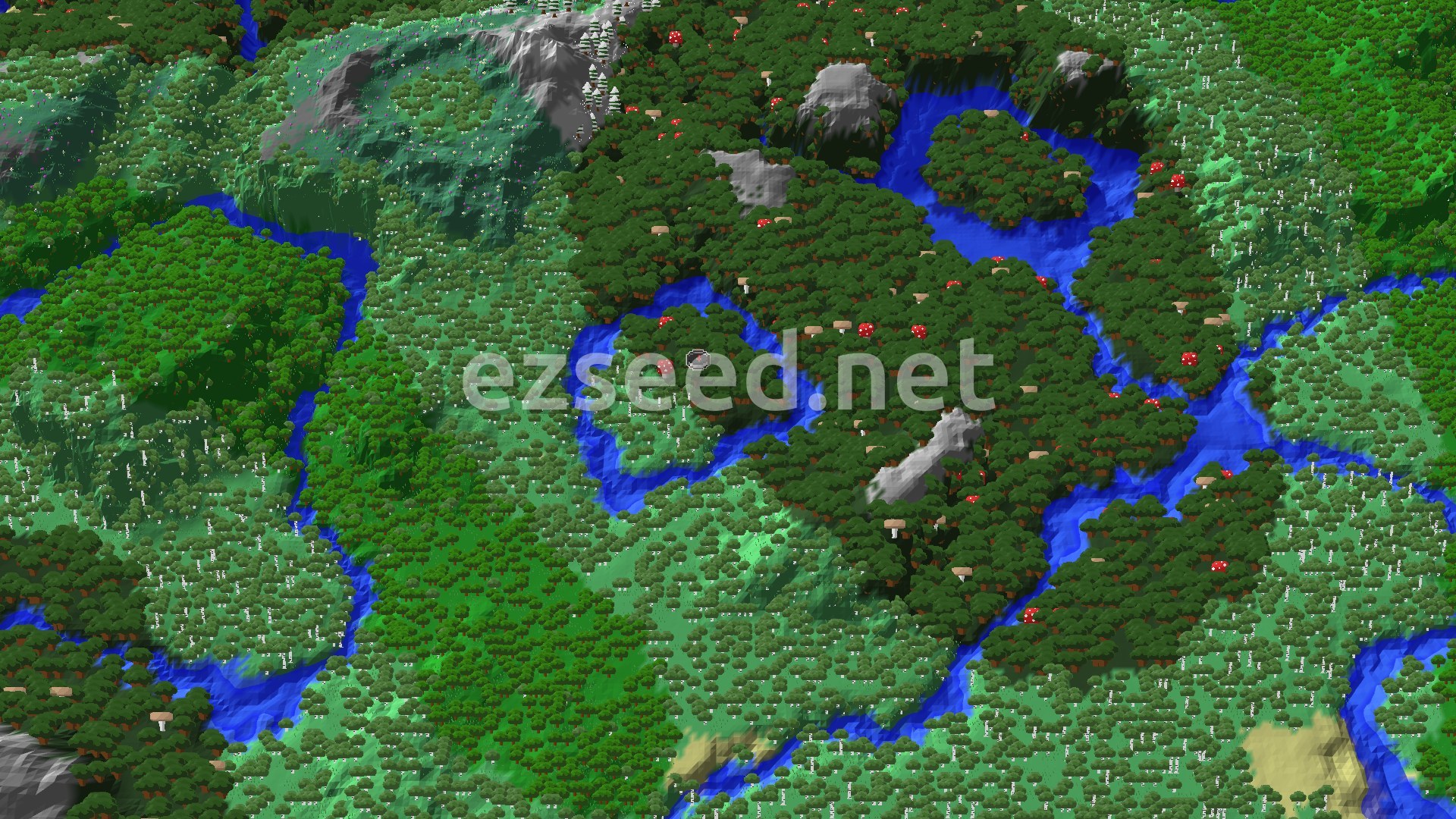Aerial Minecraft seed map — Woodland Mansion and Lush Caves Near Dark Forest Spawn