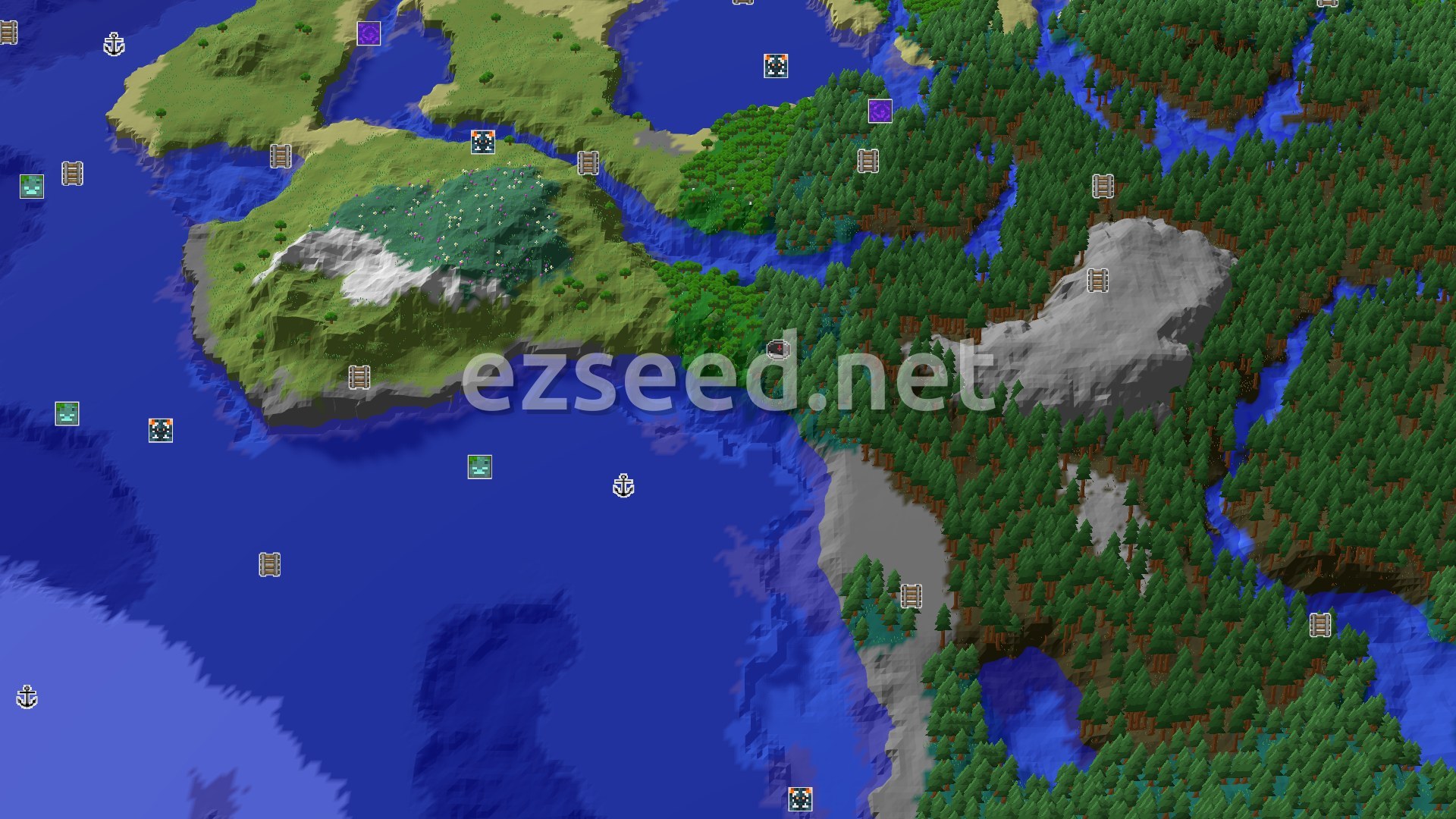 Aerial Minecraft seed map — Taiga Start With Quick Underground Loot