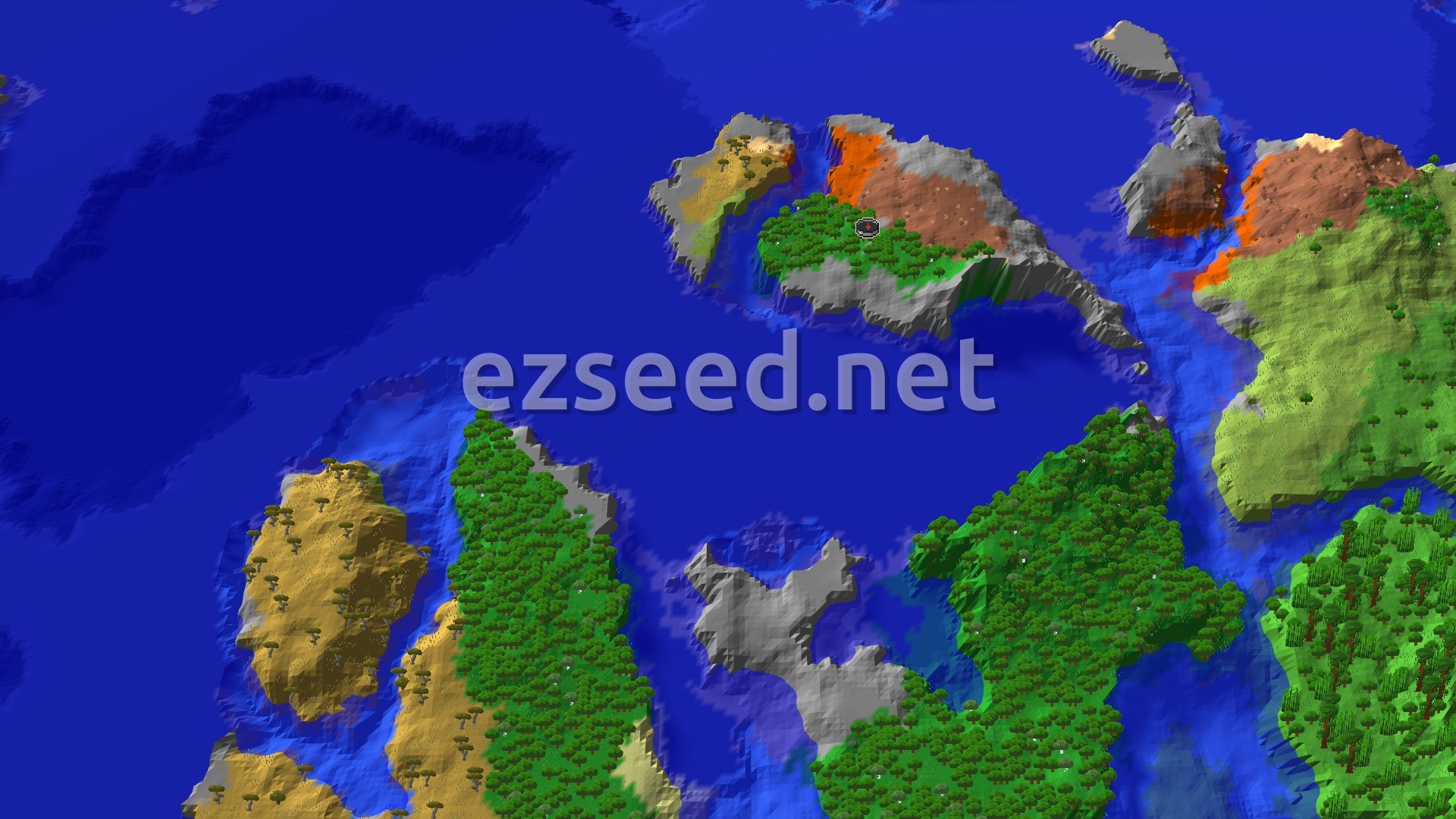 Aerial Minecraft seed map — Spawn on a Stony Shore, Near Badlands and Jungles