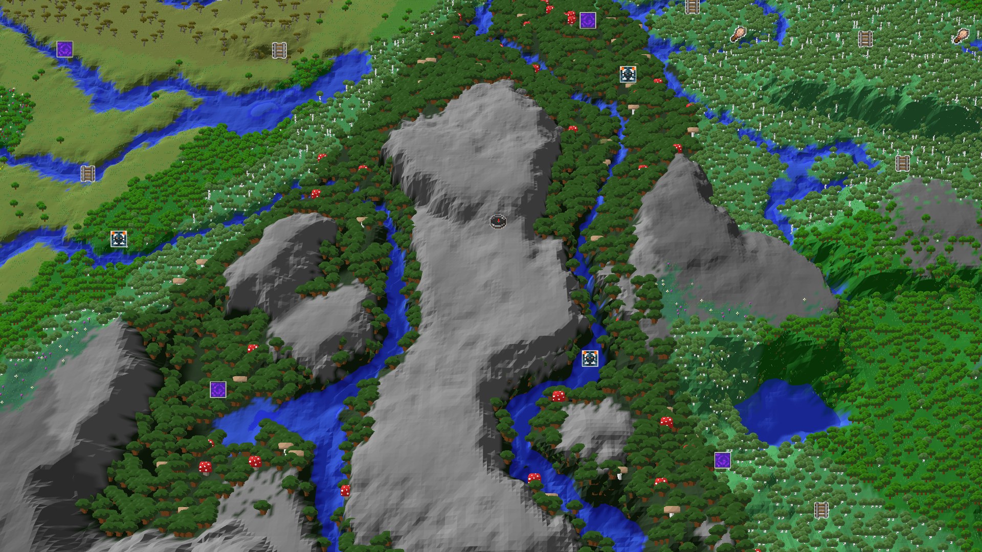 An overhead 3D view of a Minecraft world, showing a pale garden spawn at the center, surrounded by dark forests, rivers, and a large grey mountain.